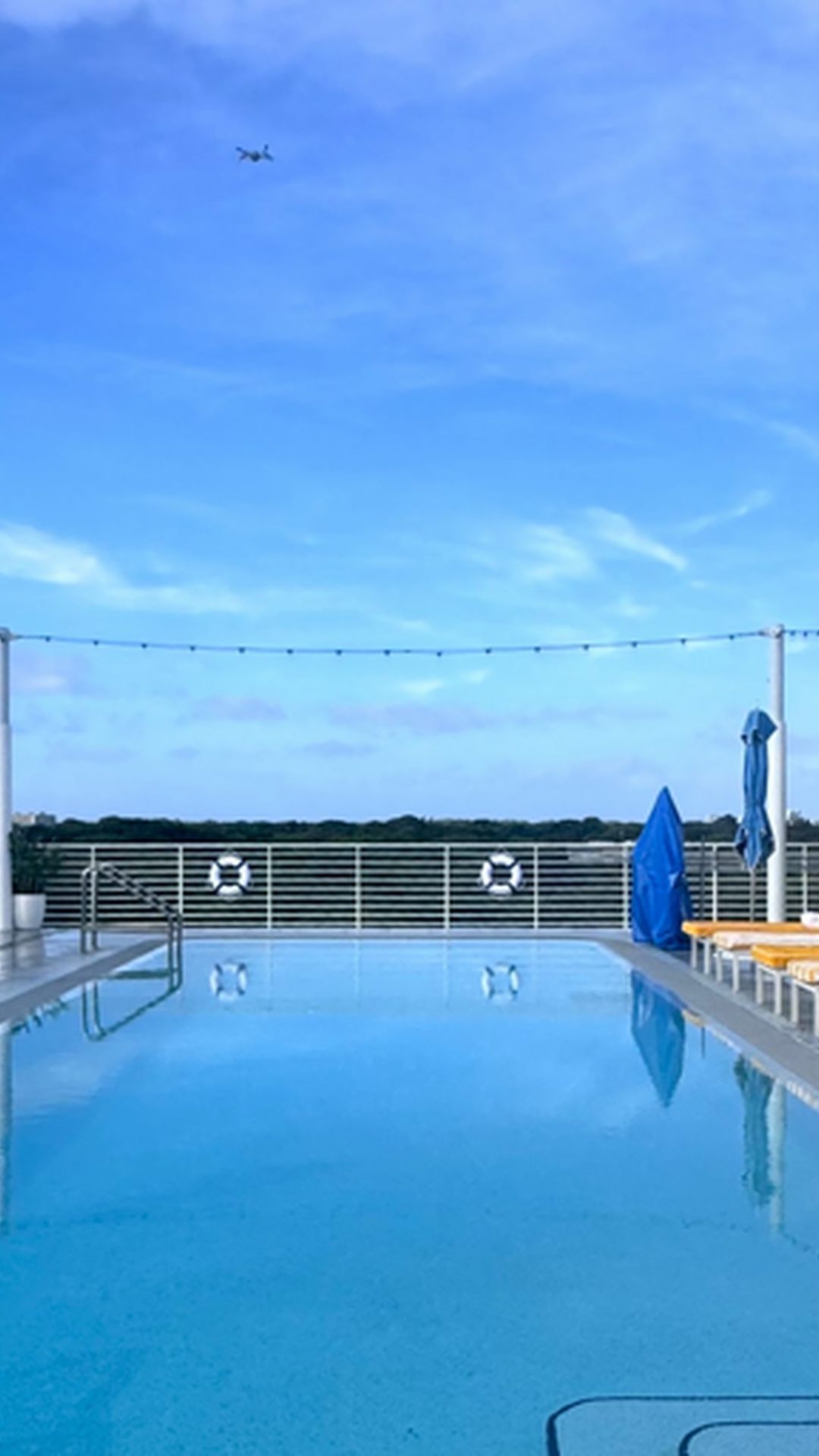 Soleggiata terrazza della piscina sul tetto con sedie a sdraio a righe e ombrelloni blu al Mr C Coconut Grove, hotel di lusso a Miami