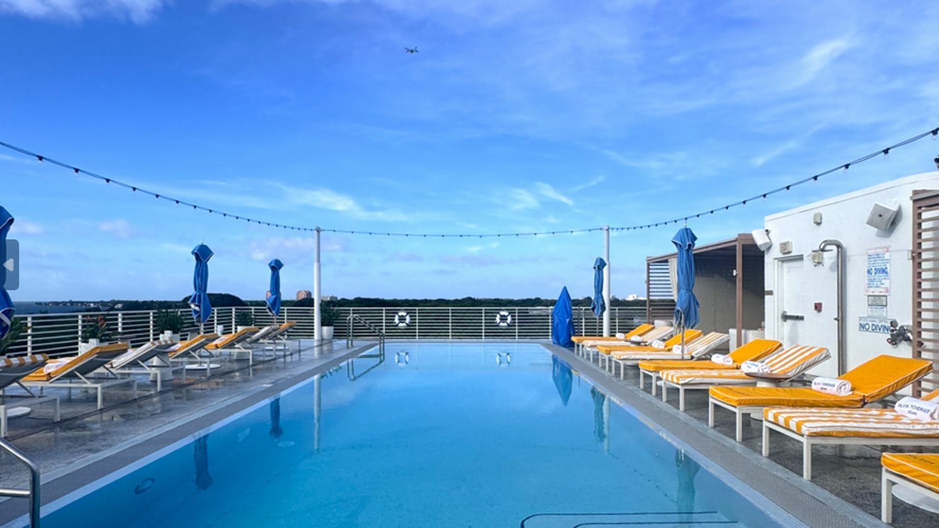 Soleggiata terrazza della piscina sul tetto con sedie a sdraio a righe e ombrelloni blu al Mr C Coconut Grove, hotel di lusso a Miami