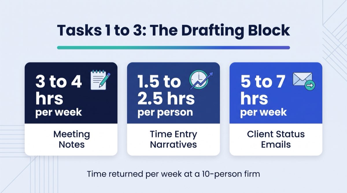 Stat card comparing weekly hours returned by automating meeting notes, time entry narratives, and client status update emails.