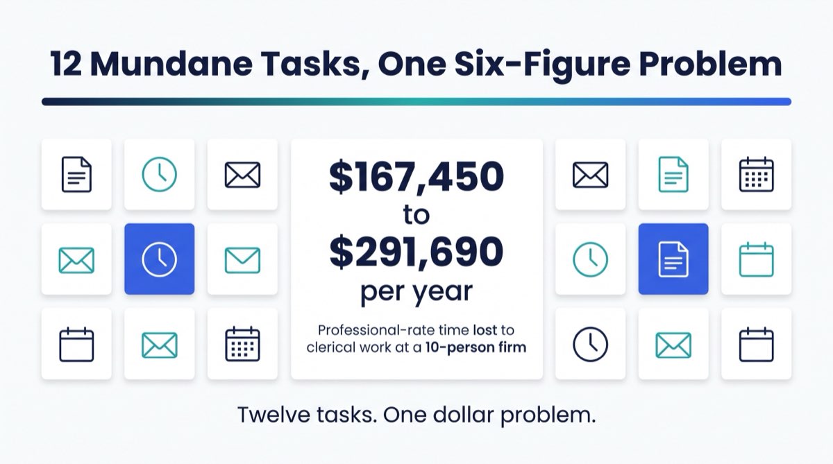 12 mundane tasks add up to a six-figure problem: a grid of clerical work icons around the $167,450 to $291,690 a year a 10-person professional firm loses to it.