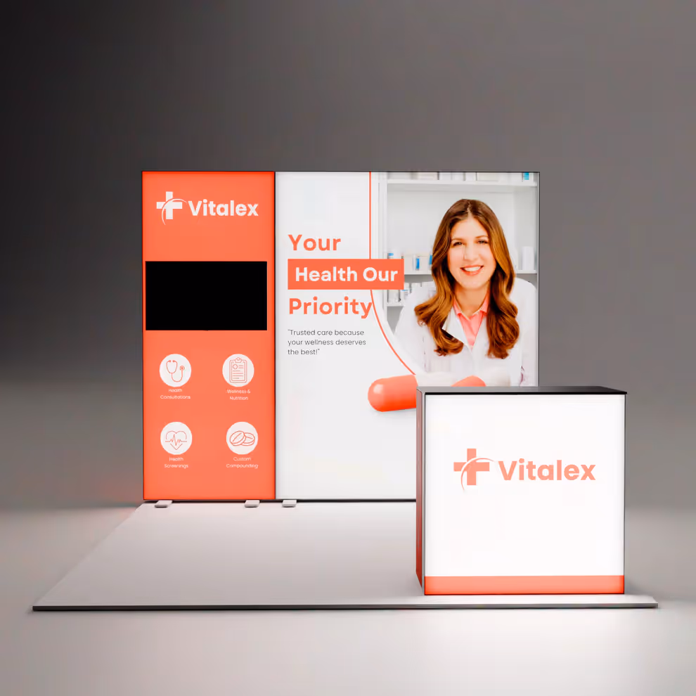 10x10 Solas portable trade show booth front perspective