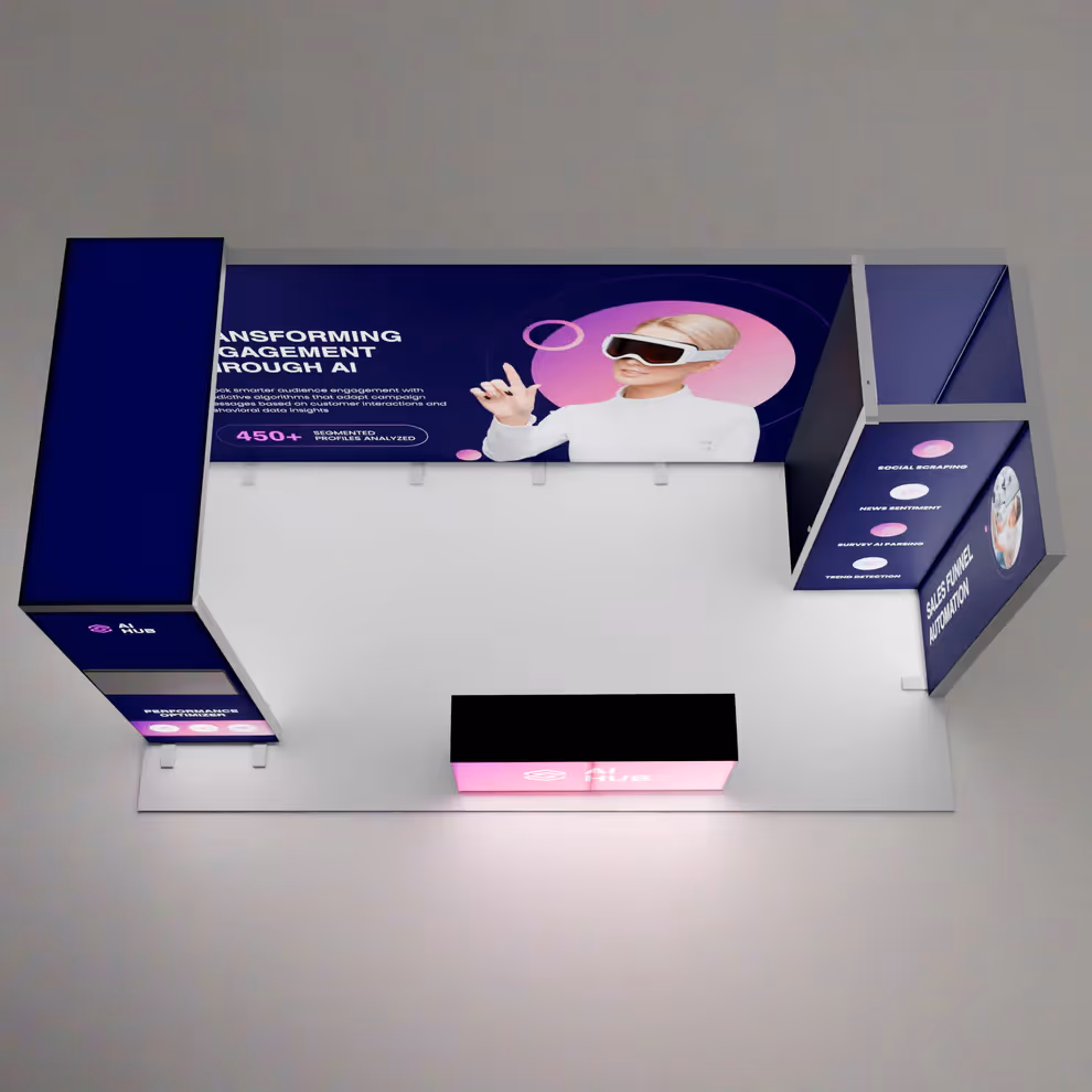 10x20 Glow trade show booth overhead view with curved back wall and side displays