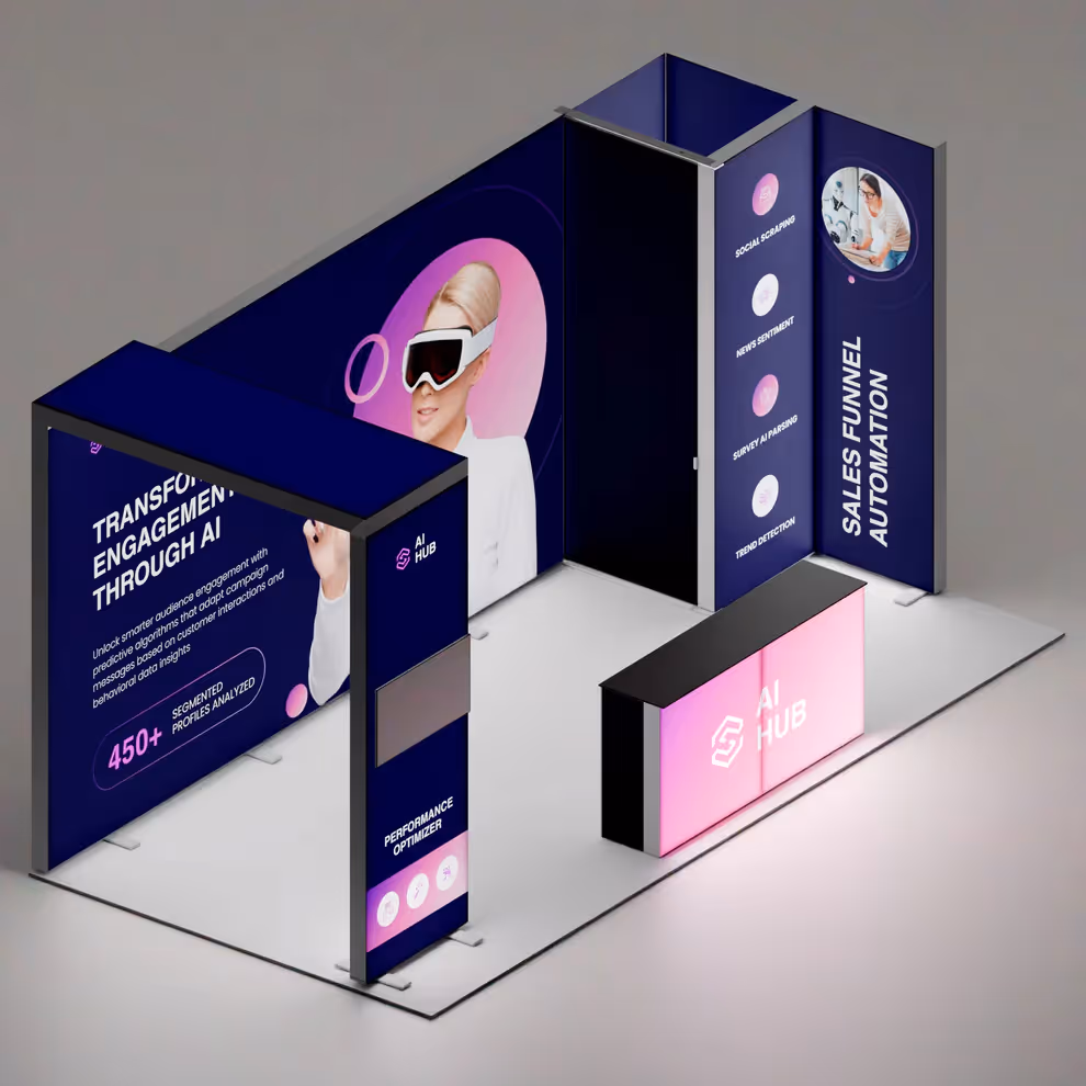 10x20 Glow trade show booth angled view with multiple display panels