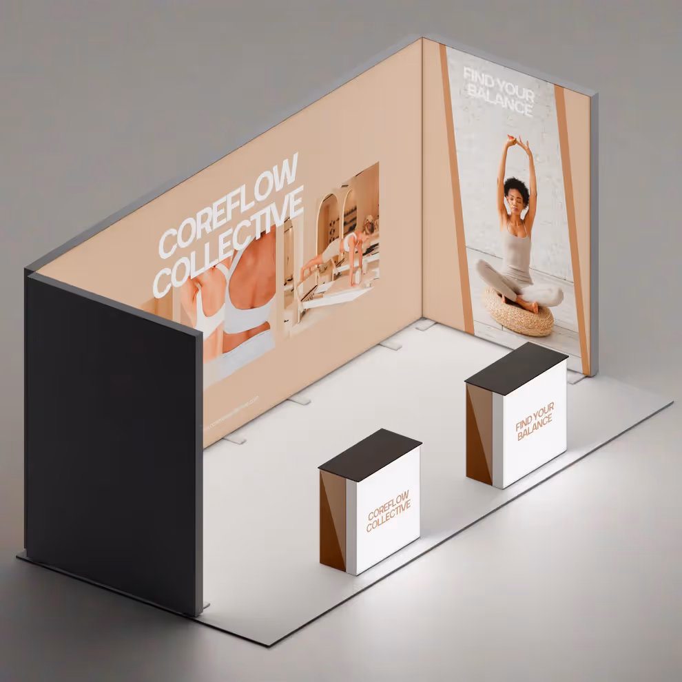 10x20 Radiance trade show booth angled view with backlit walls and counters