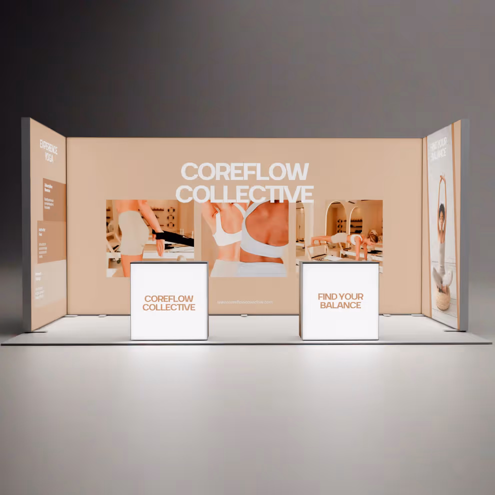 10x20 Radiance backlit trade show booth front view with two counters
