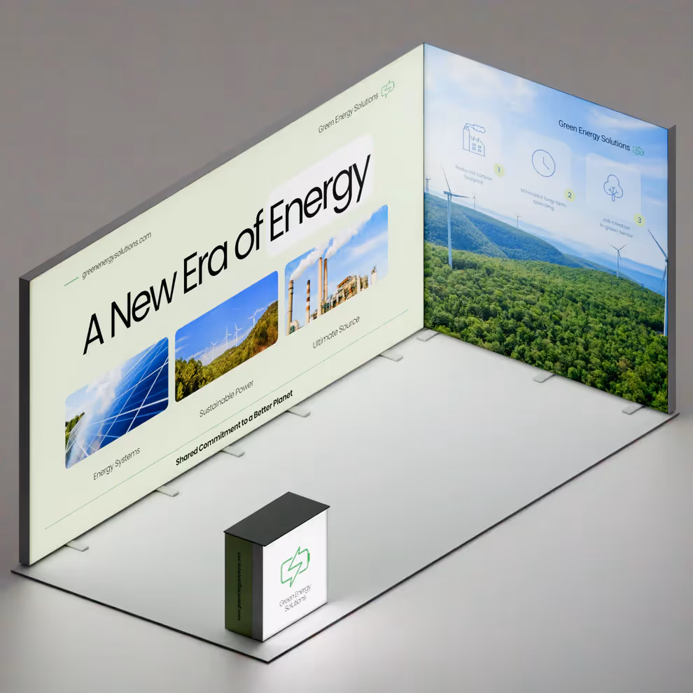 10x20 Flare trade show booth angled view with side display