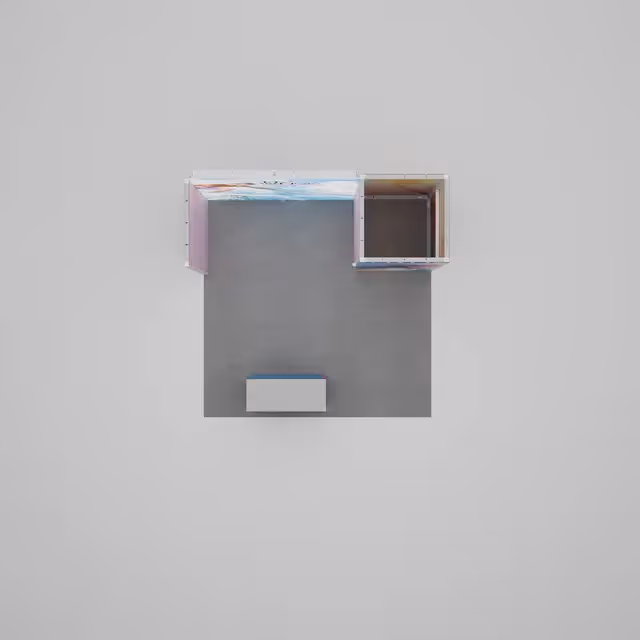 10x10 Radiance booth overhead view with graphic panels and counter