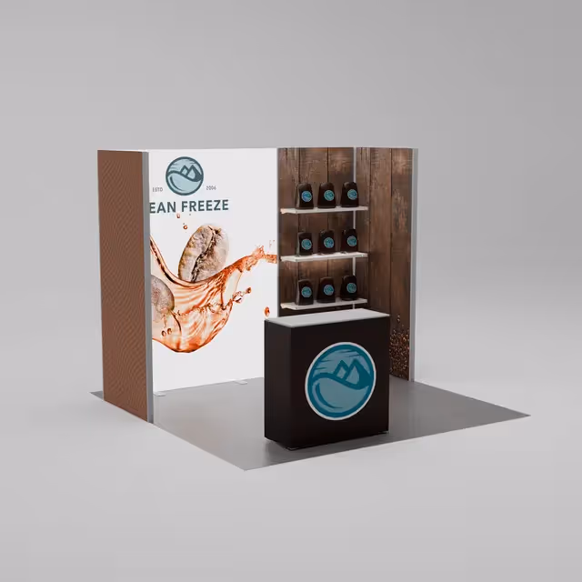 10x10 Nova trade show booth side view with display panels and shelving