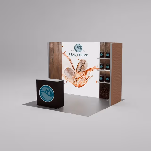 10x10 Nova trade show booth angled view with display counter and shelving