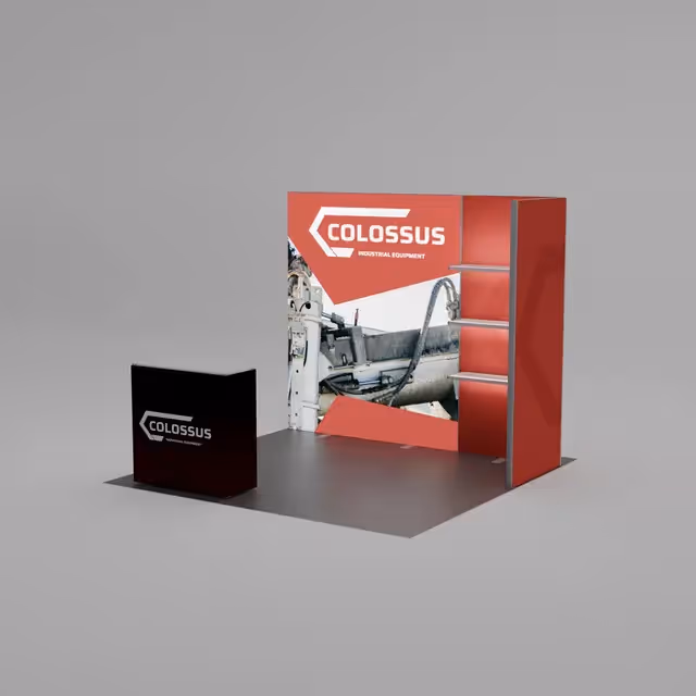 10x10 Stellar trade show booth angled view with display counter