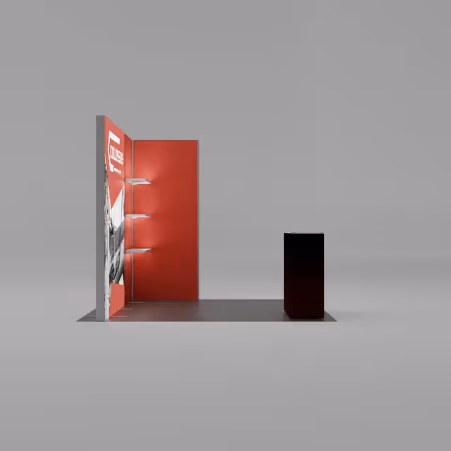 10x10 Stellar trade show booth side view with display panel and counter