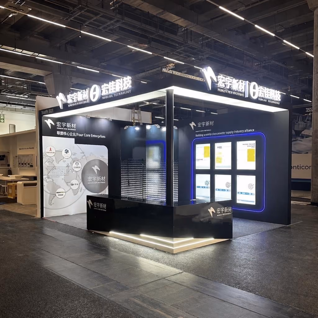 Hongyu Technology exhibition stand with black and white product displays