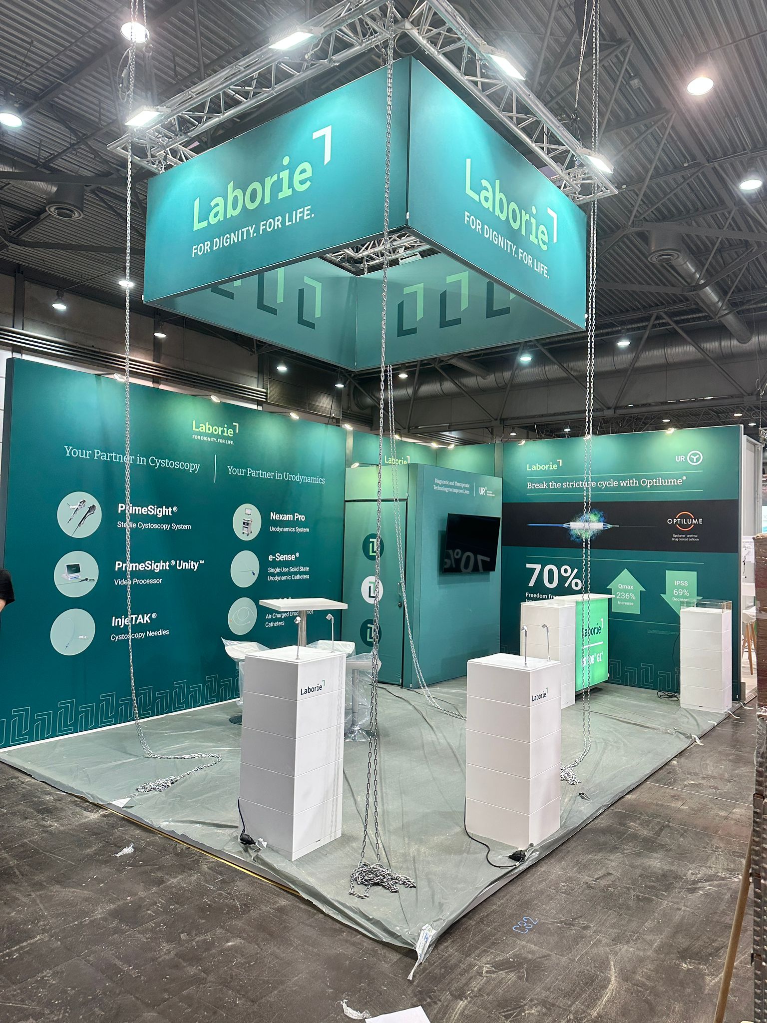Laborie exhibition stand with branded product displays and presentation area