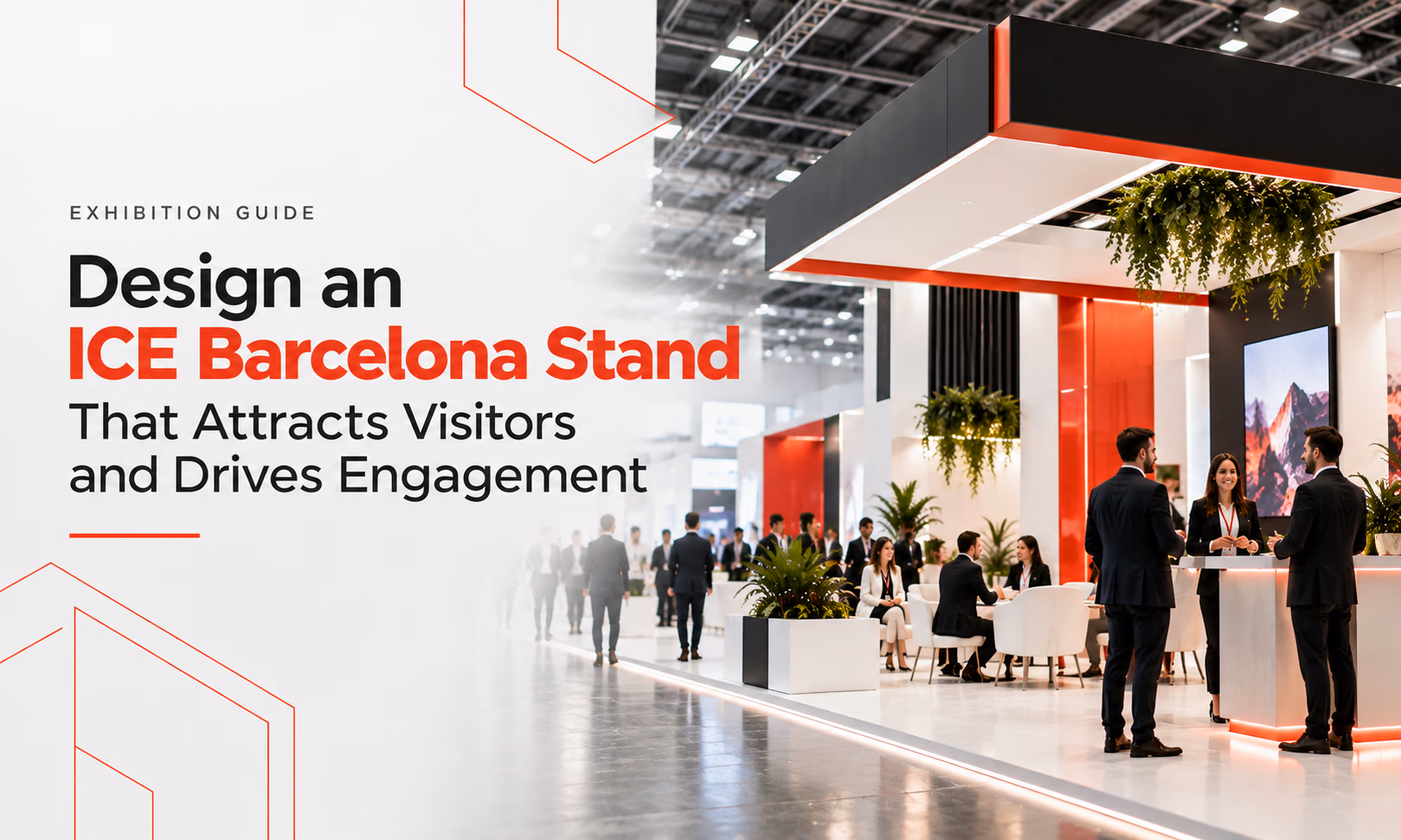 ICE Barcelona exhibition stand with branded displays, meeting areas and visitors