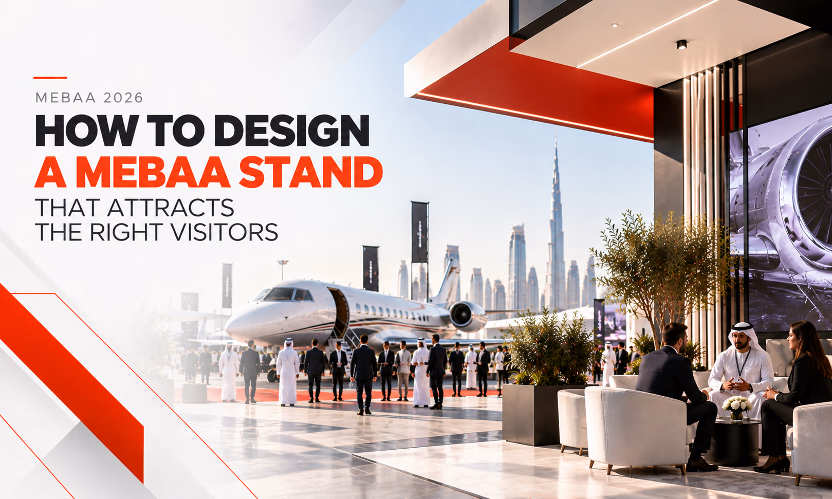 MEBAA 2026 exhibition stand design with business jet and aviation meeting area in Dubai