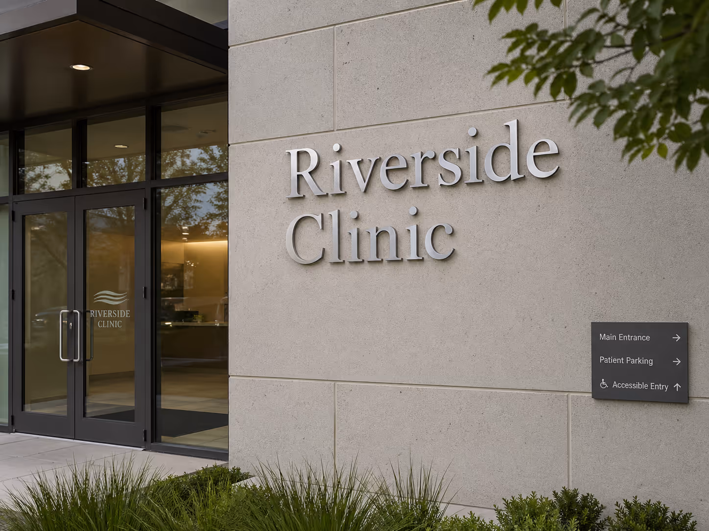 Brushed stainless steel face letters with black Foamex backing for Riverside Clinic
