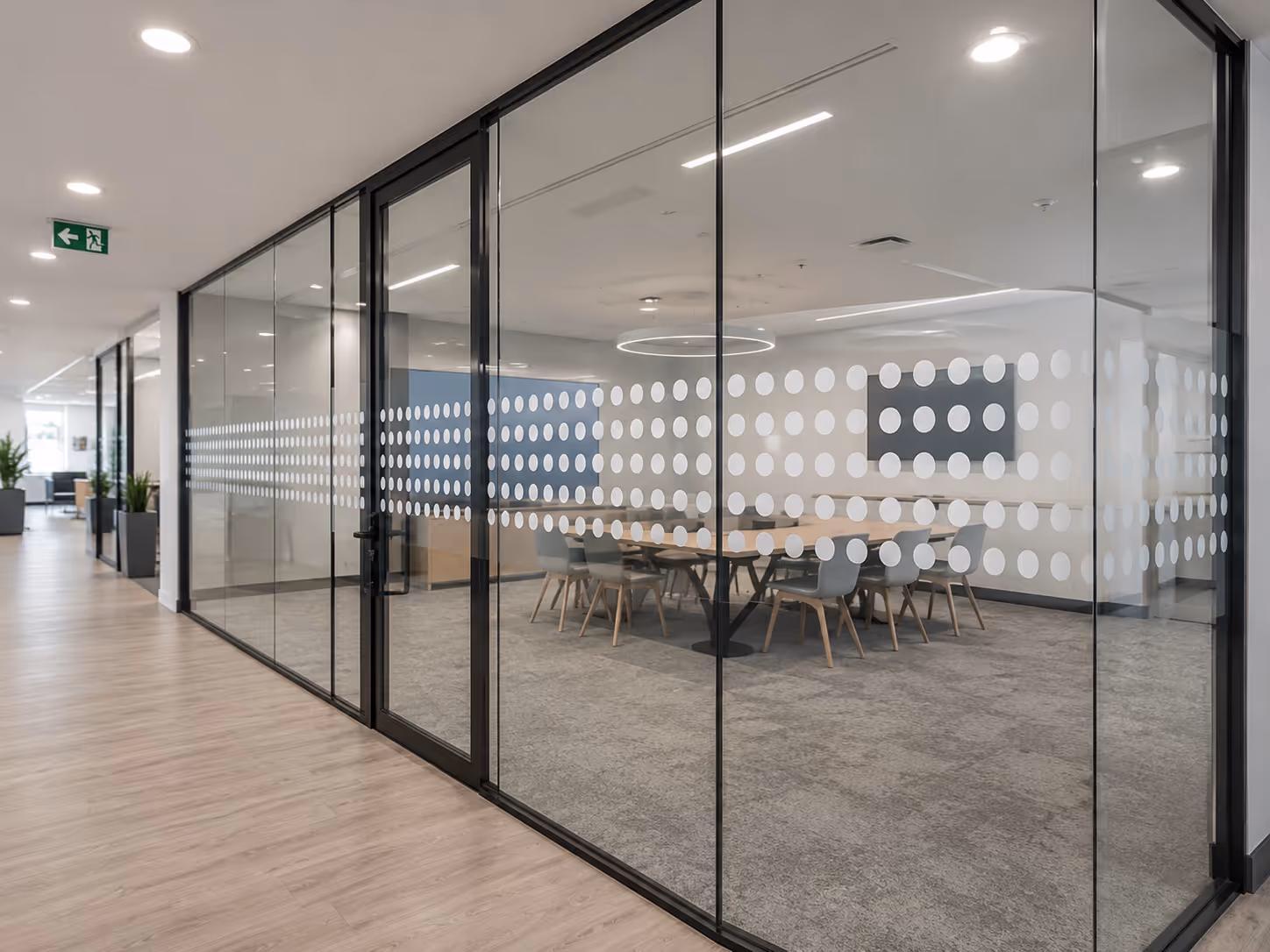 Frosted window manifestation dots for Merrion Buildings