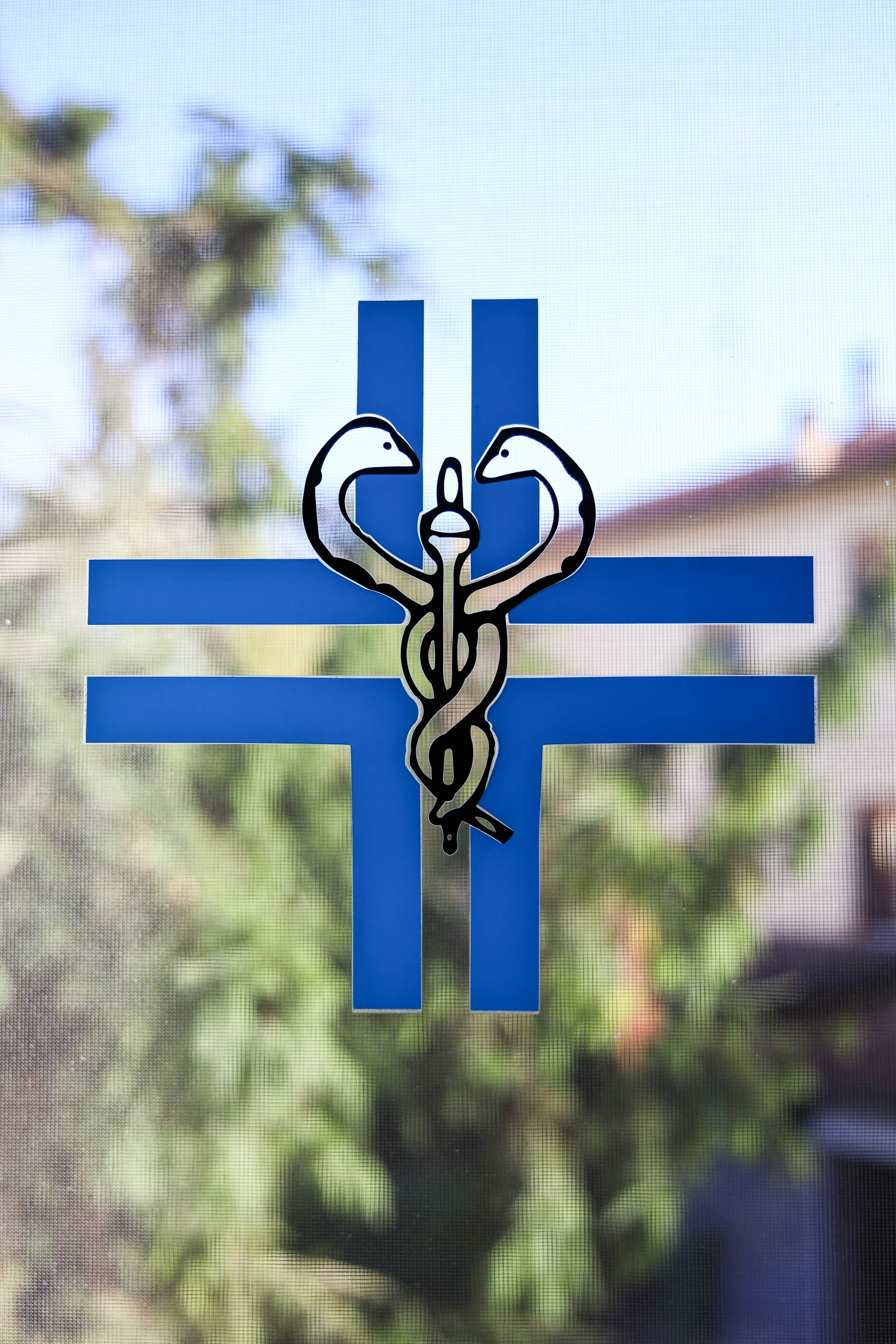 Il simbolo della clinica sulla porta d'ingresso