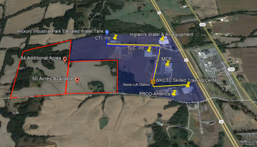 Satellite view of Keith Property. Labels: 50 acres available, 84 additional acres, CTI Inc., TLC Inc., Ingram's Water and Air Equipment, MCP, WKCTC Skilled Training Center, PRCO-America, sewer lift station, utility lines.