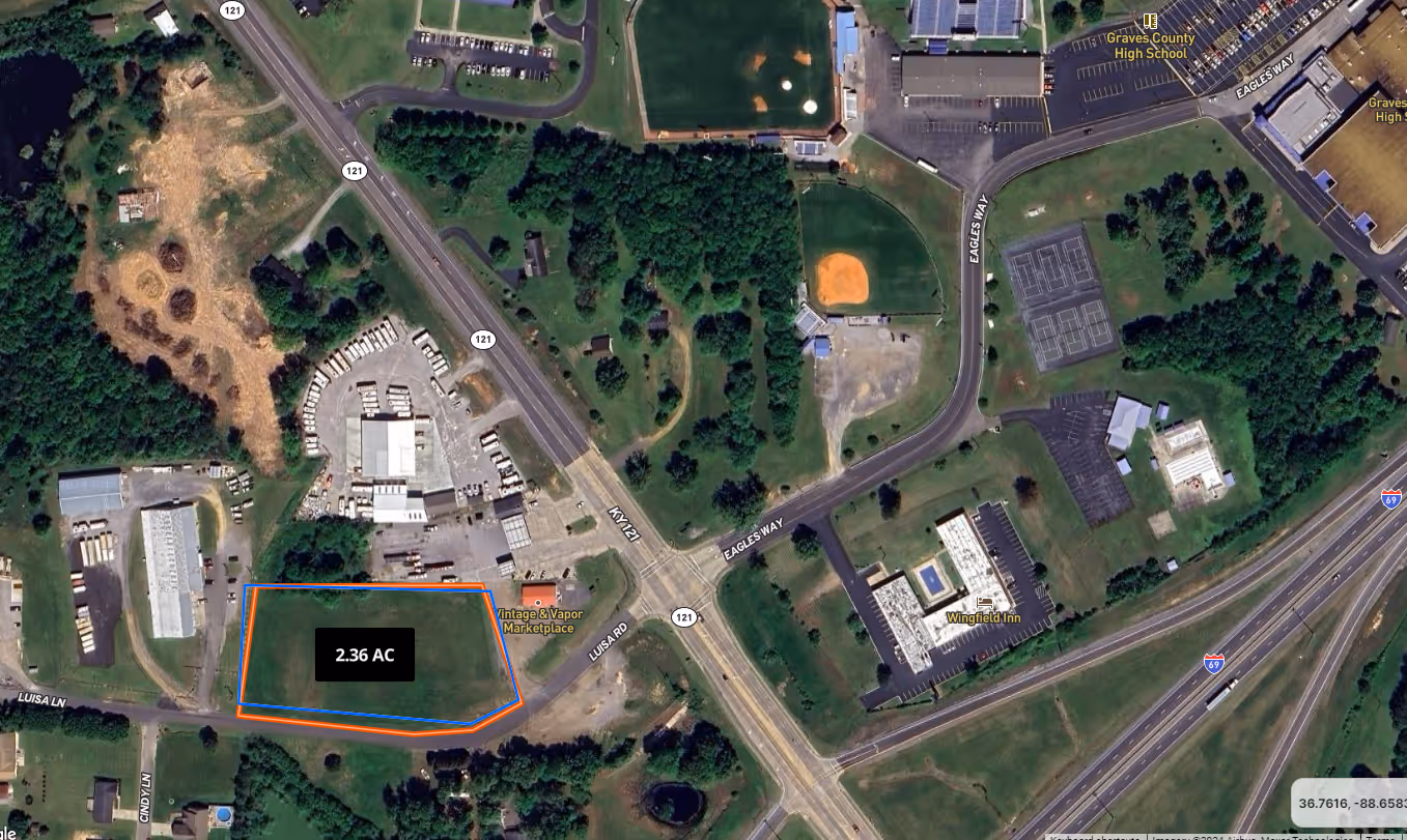 Satellite view of North Mayfield 121 and I-69 Exit Commercial Tract with property boundaries outlined.