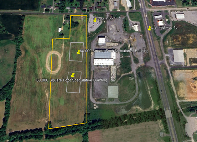 Satellite view of Graves County YEC Property with boundaries outlined. Labels indicate two 60,000 square foot speculative buildings, a substation, and US Highway 45.