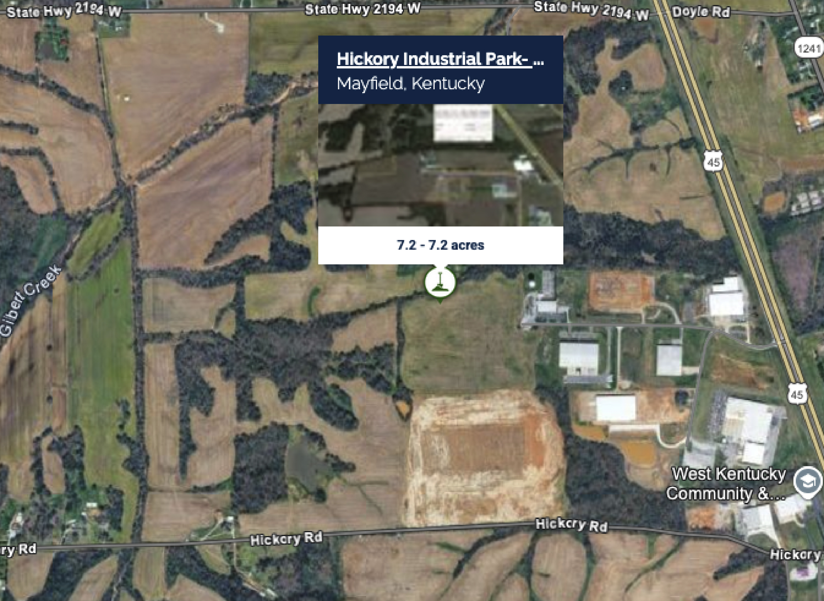 Satellite view of Hickory Industrial Park Tract 6 with a location marker indicating the property site