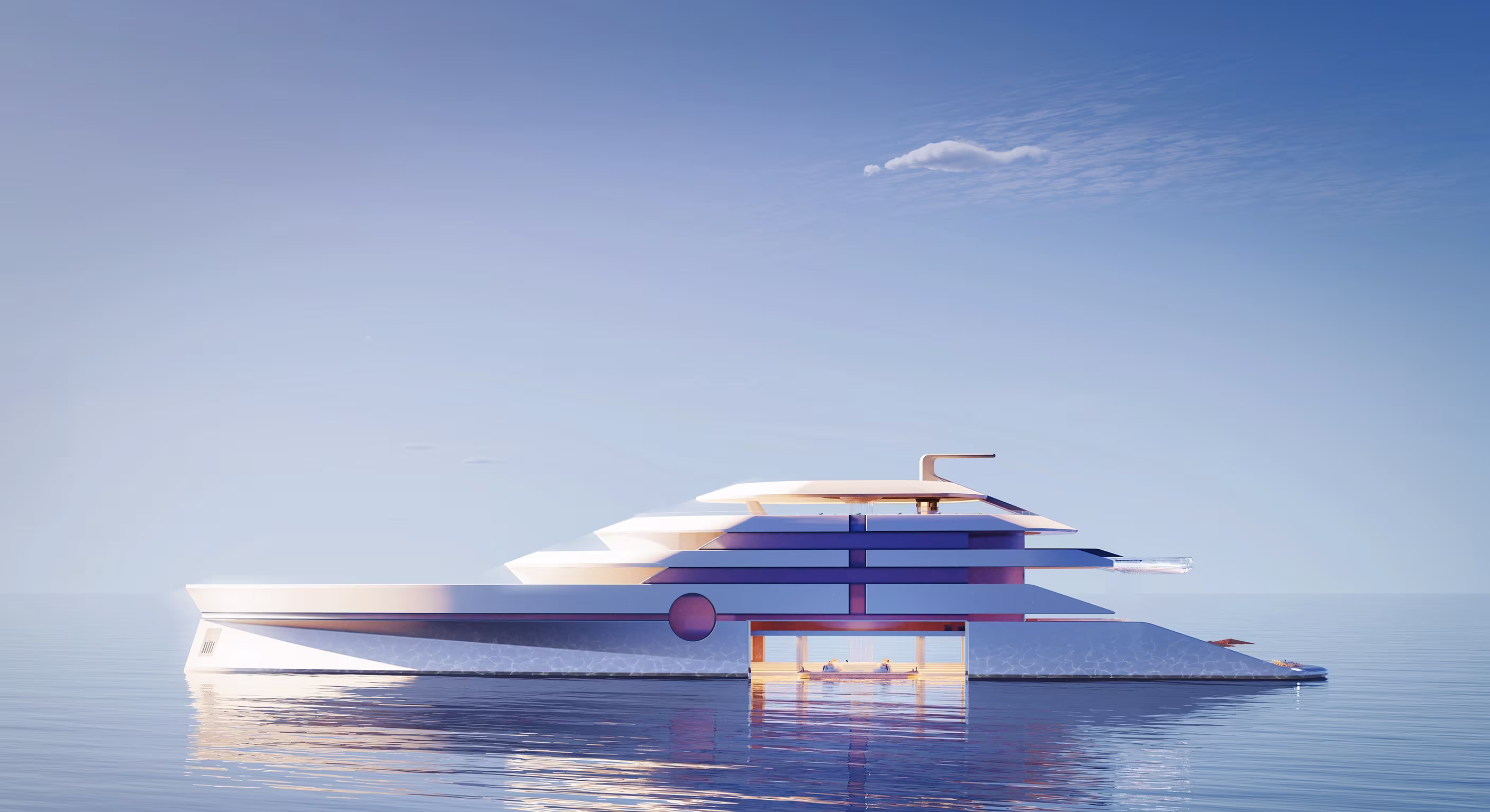 Modern luxury yacht with sleek design floating on calm ocean under a clear blue sky.