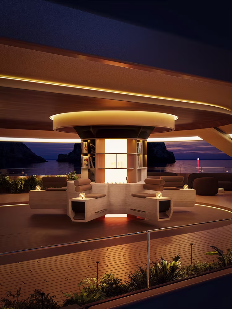 Modern circular lounge with illuminated central column and seating on a yacht at sunset.