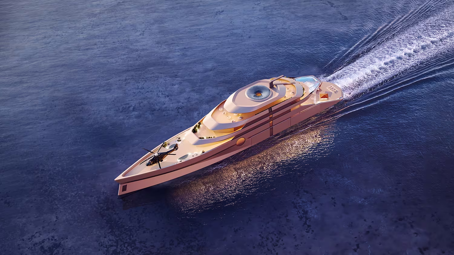 Top view of a luxury yacht cruising on calm blue water with a helicopter on its deck.