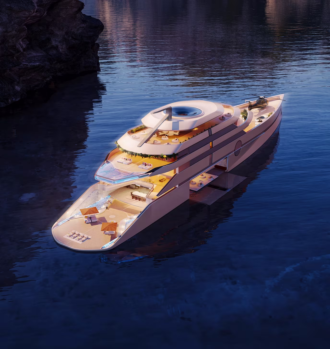 Luxury yacht with multiple decks and a helicopter on water near rocky shore at dusk.