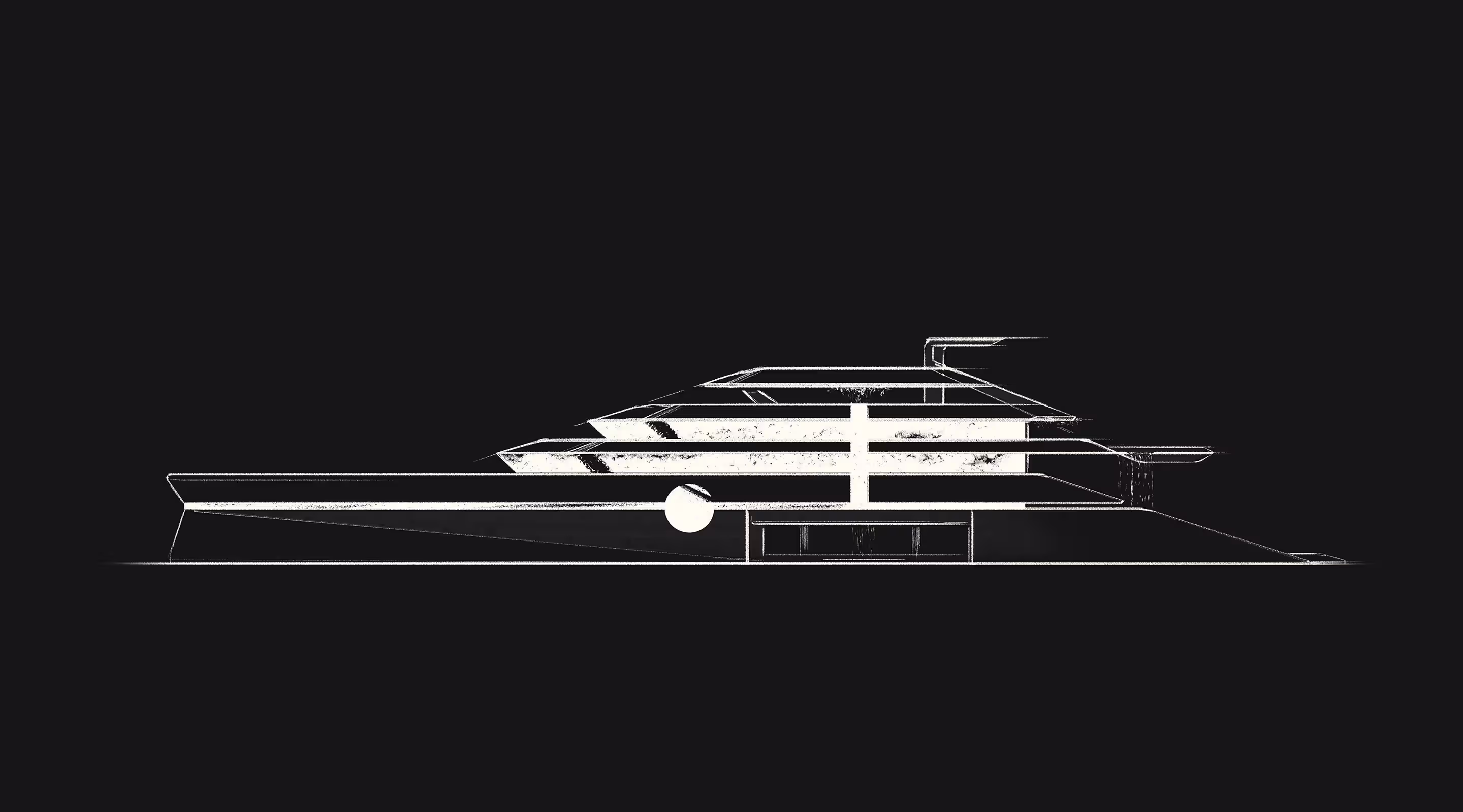 Minimalist white side view sketch of a yacht on a black background.