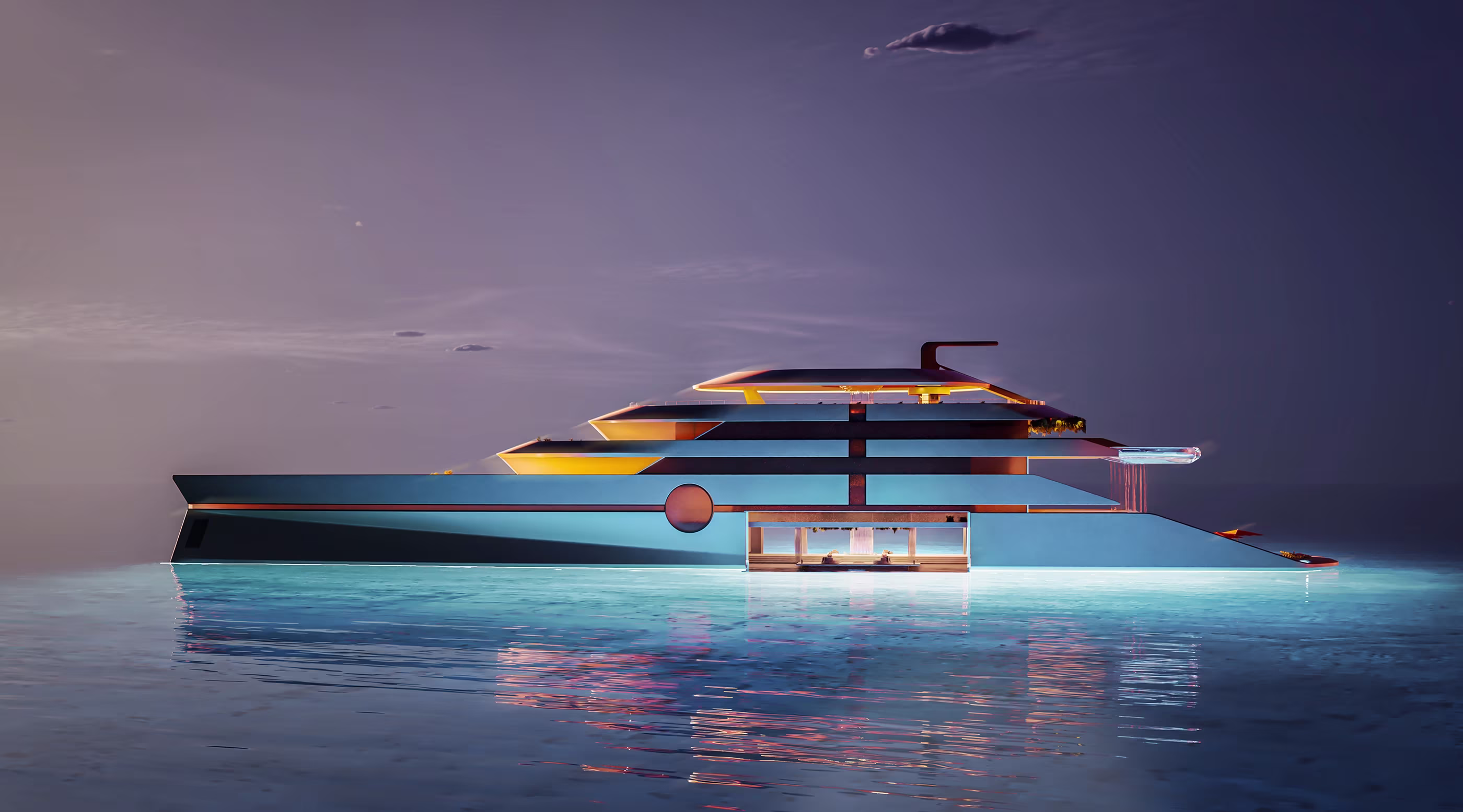 Modern luxury yacht with blue hull and illuminated decks reflecting on calm water at dusk.