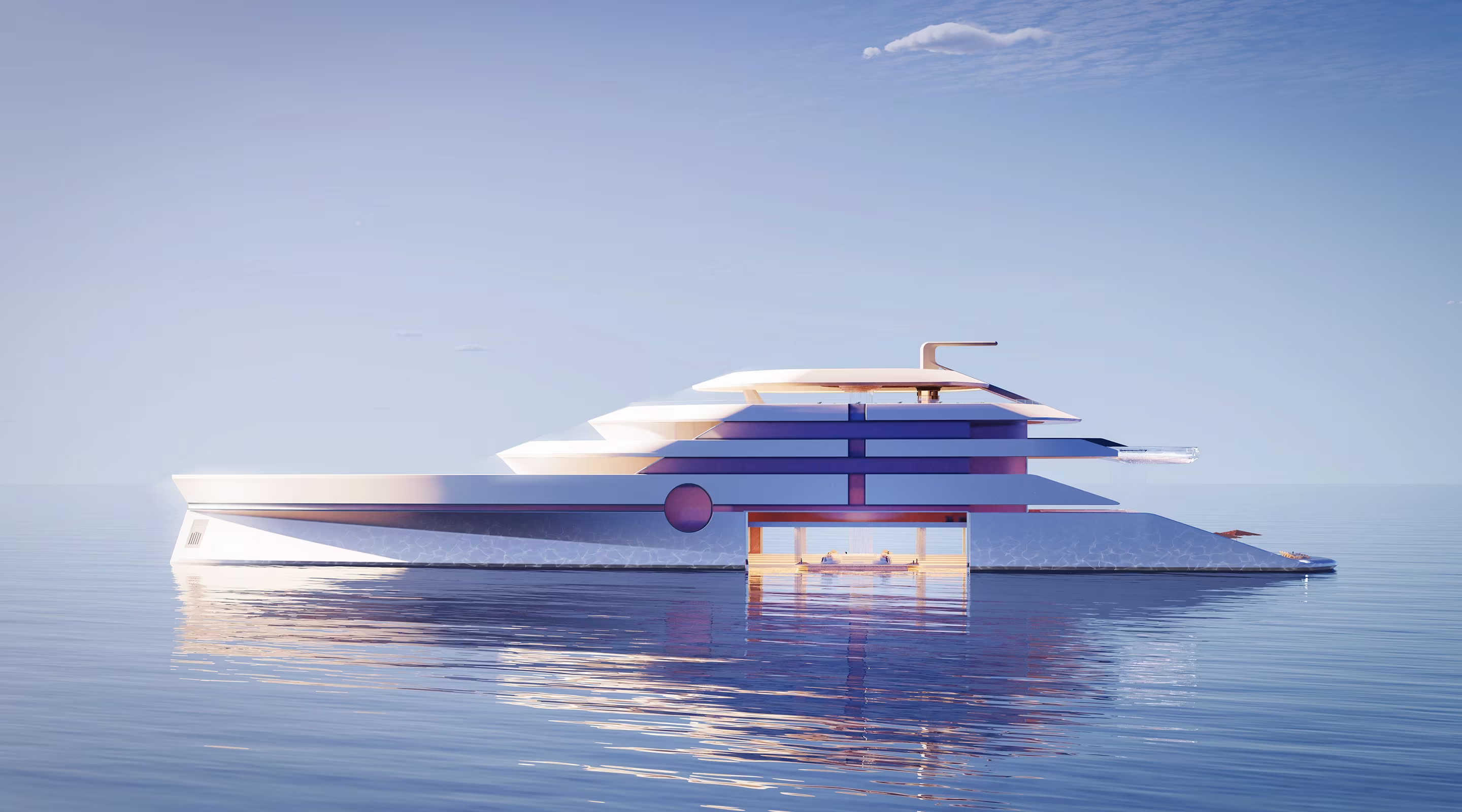Side view of a modern white yacht on calm sea under a clear blue sky.