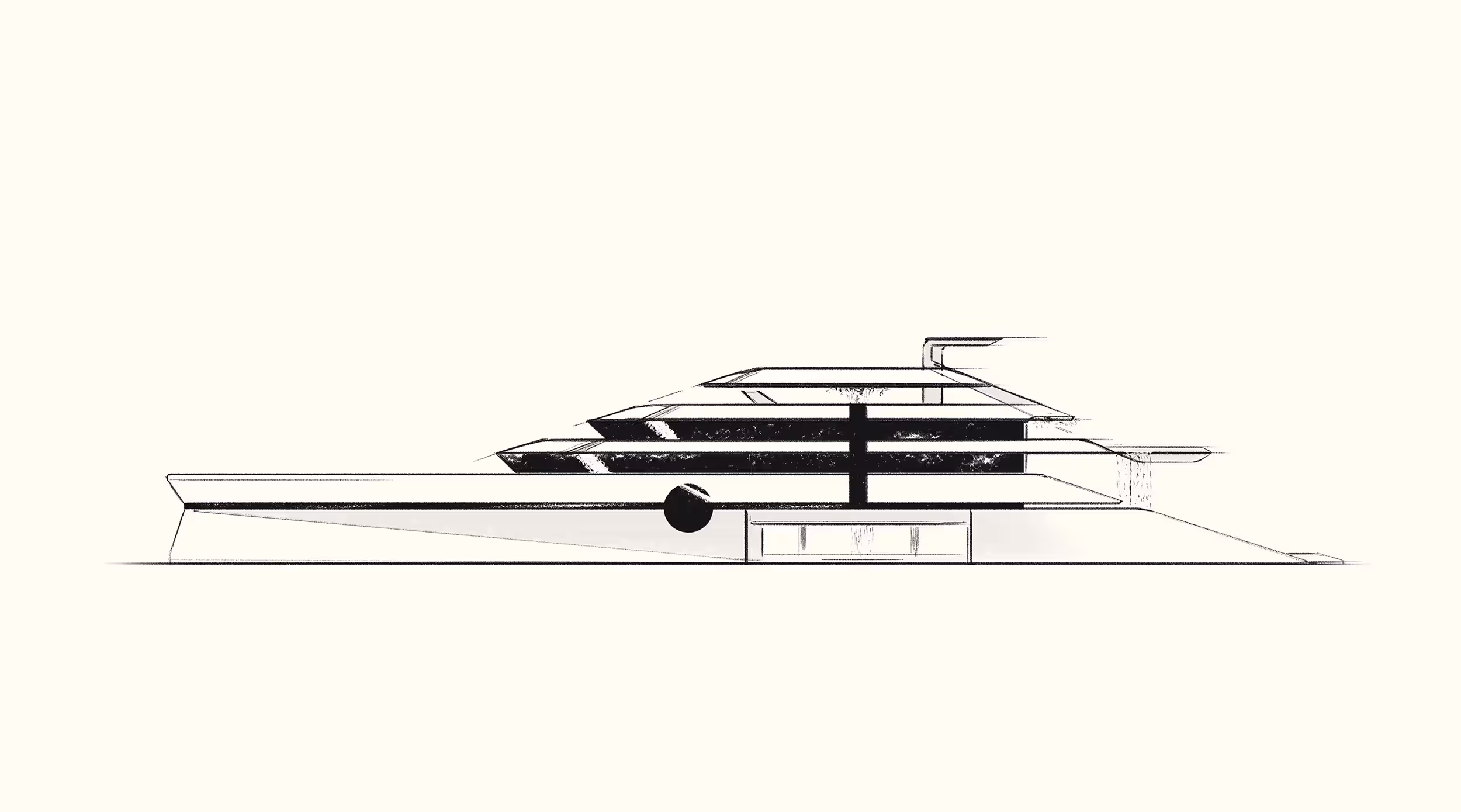 Minimalist black and white side view sketch of a modern layered yacht or ship.