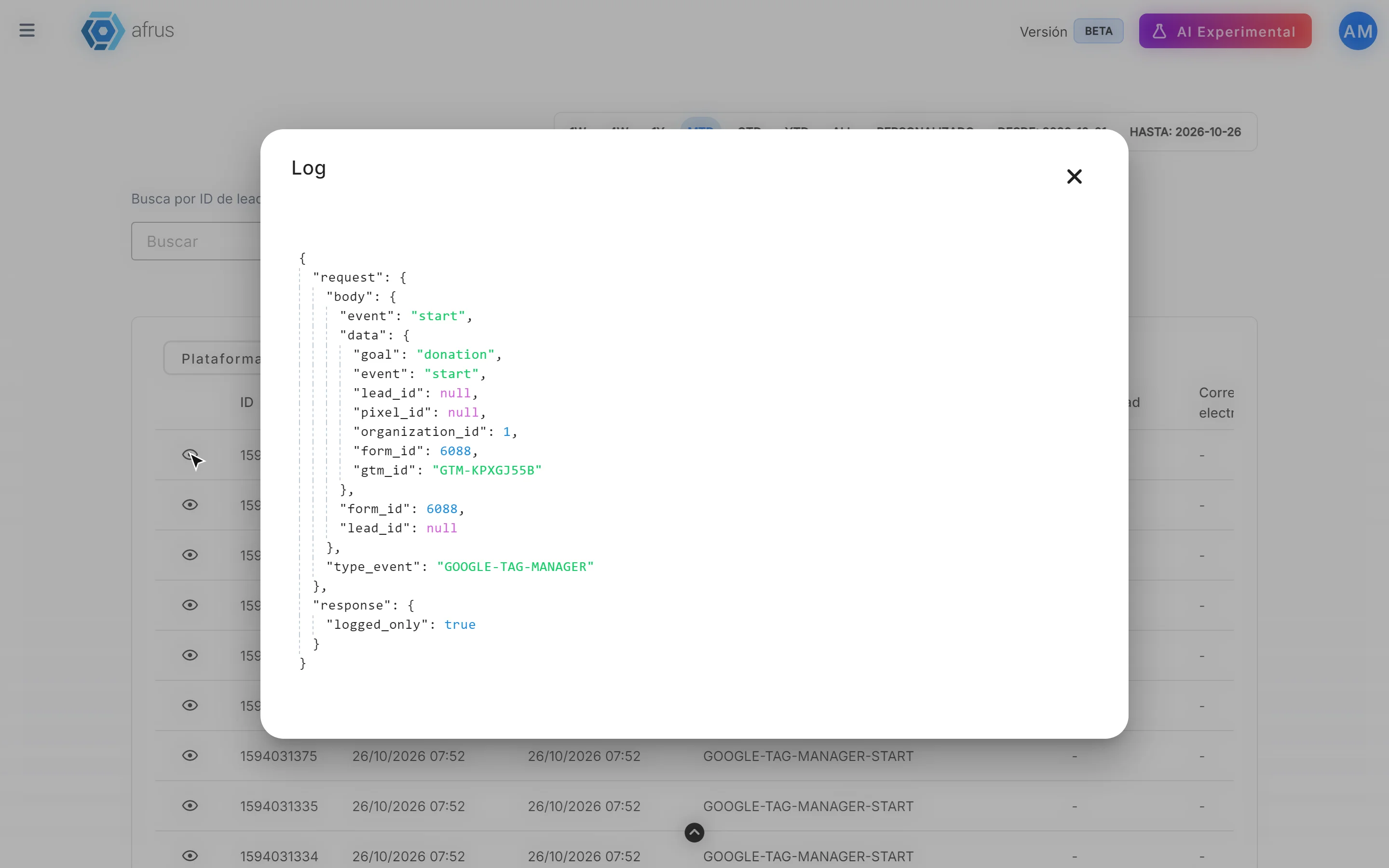Log window with what was sent (request) and the response