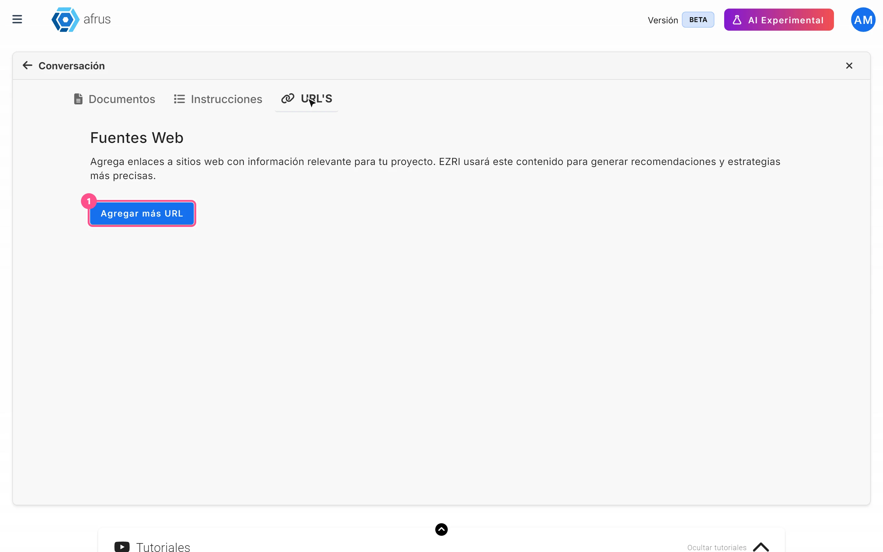 URL'S tab, Fuentes Web section, with the Agregar más URL button