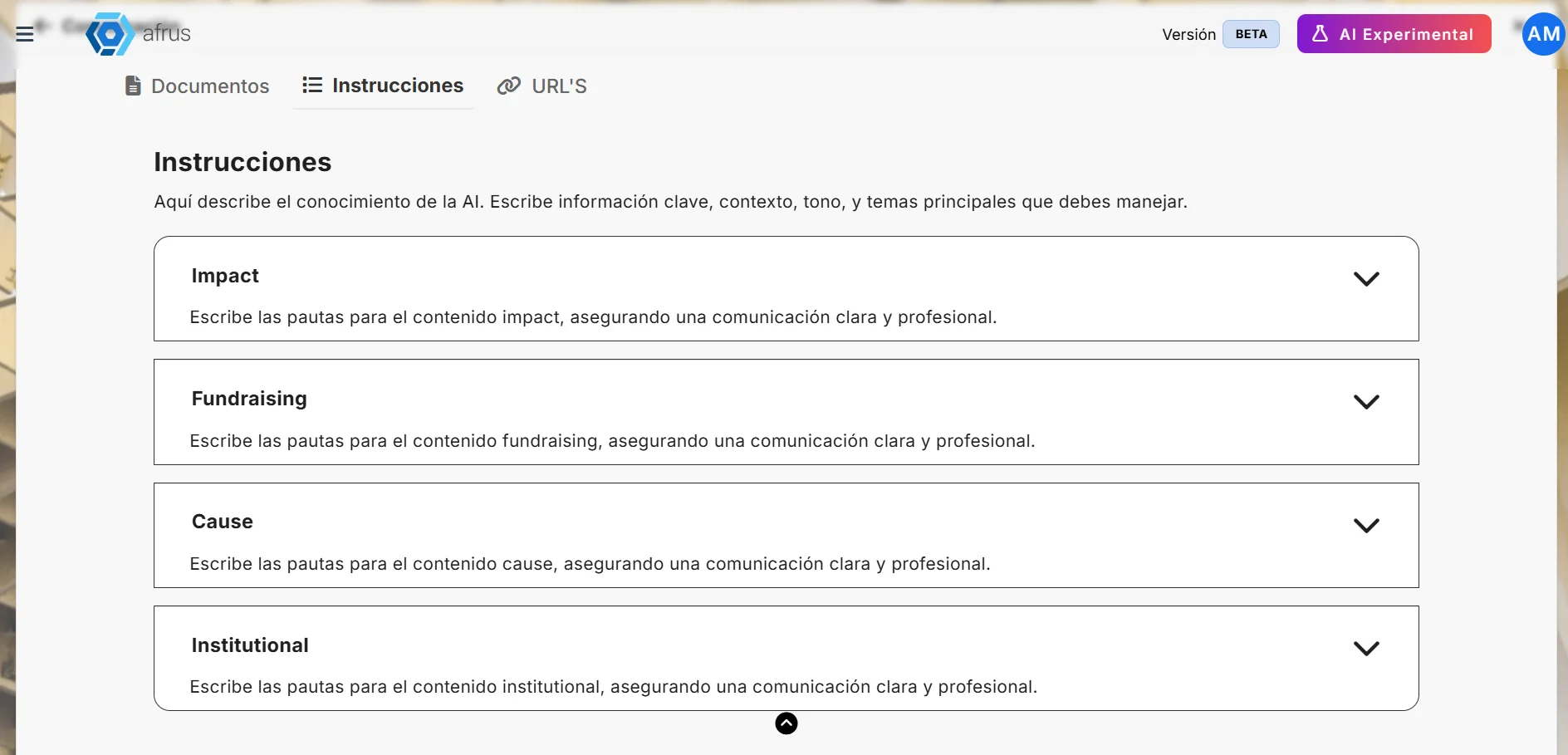 Instrucciones tab with one panel per attribute