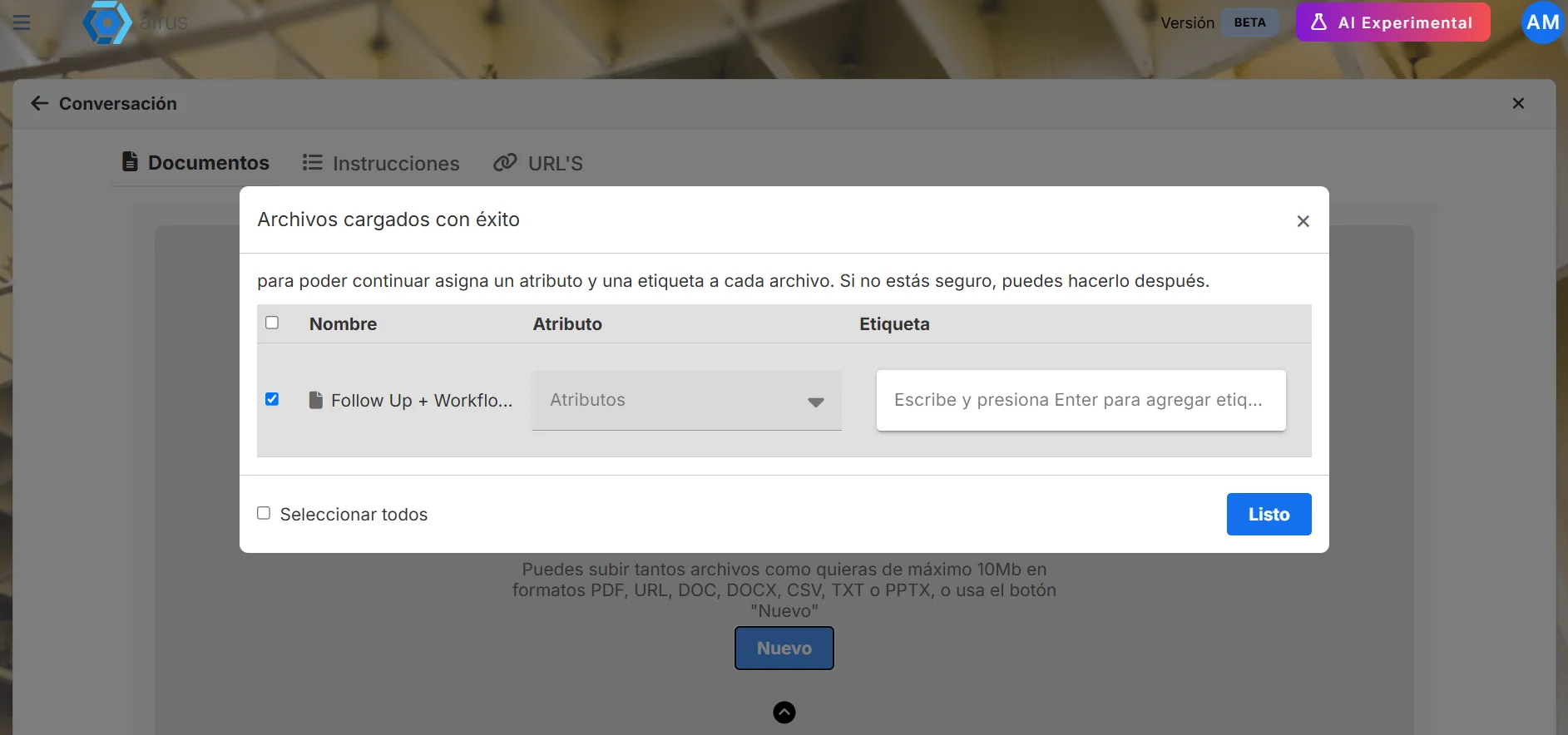 Archivos cargados con éxito window with attributes and labels