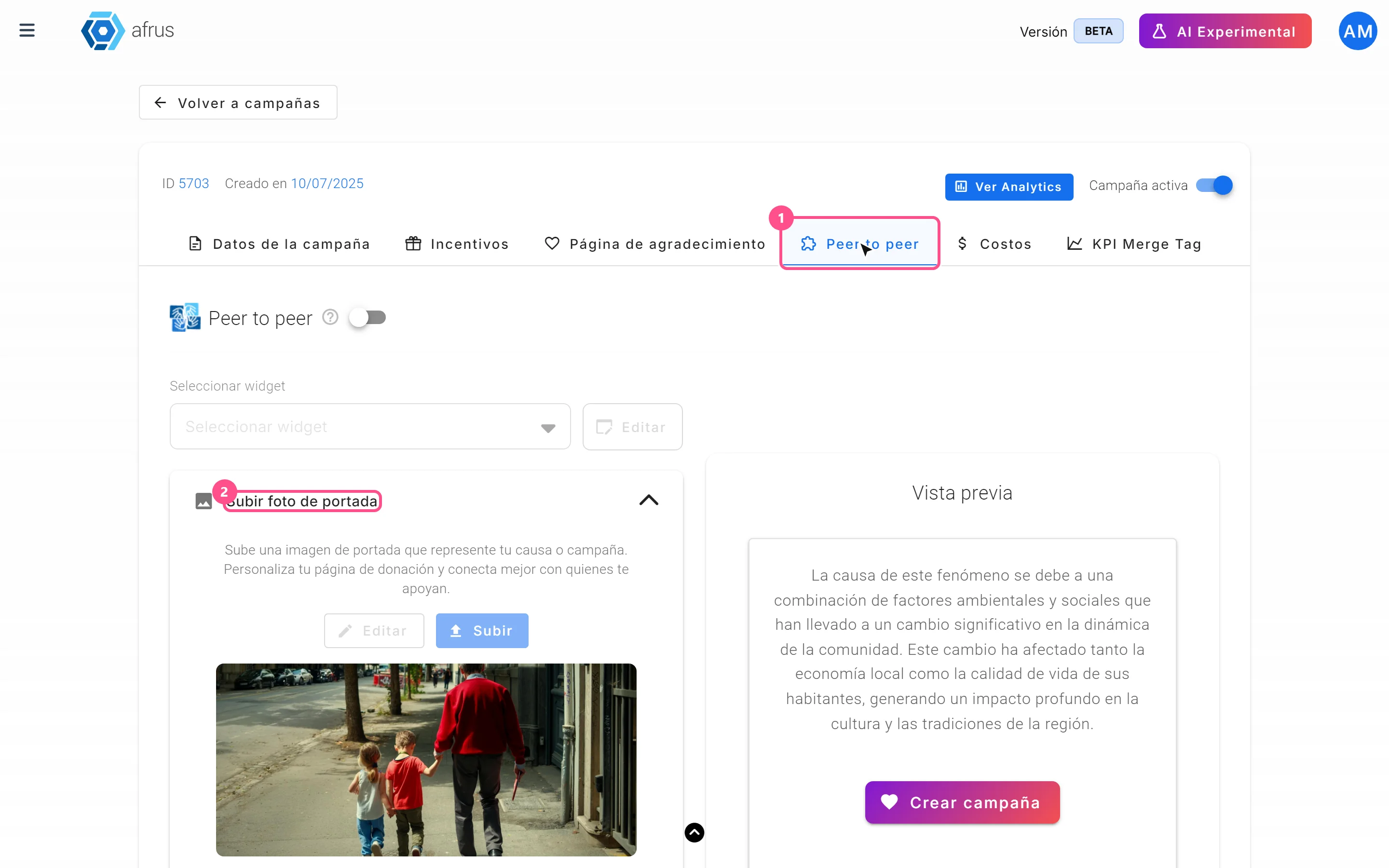 Campaign Peer to peer tab with the Subir foto de portada block