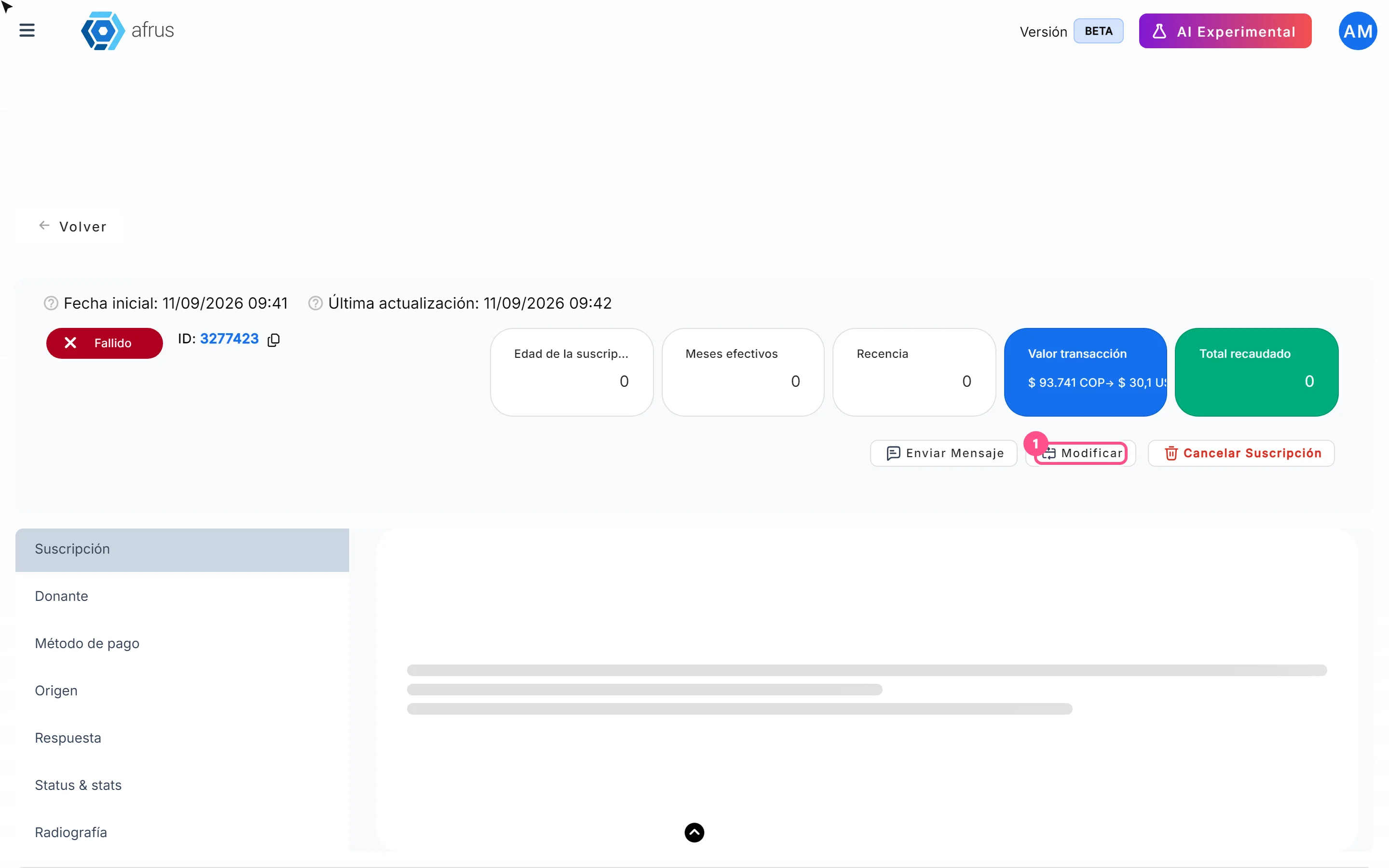 Detalle de la suscripción con los botones Enviar Mensaje, Modificar y Cancelar Suscripción