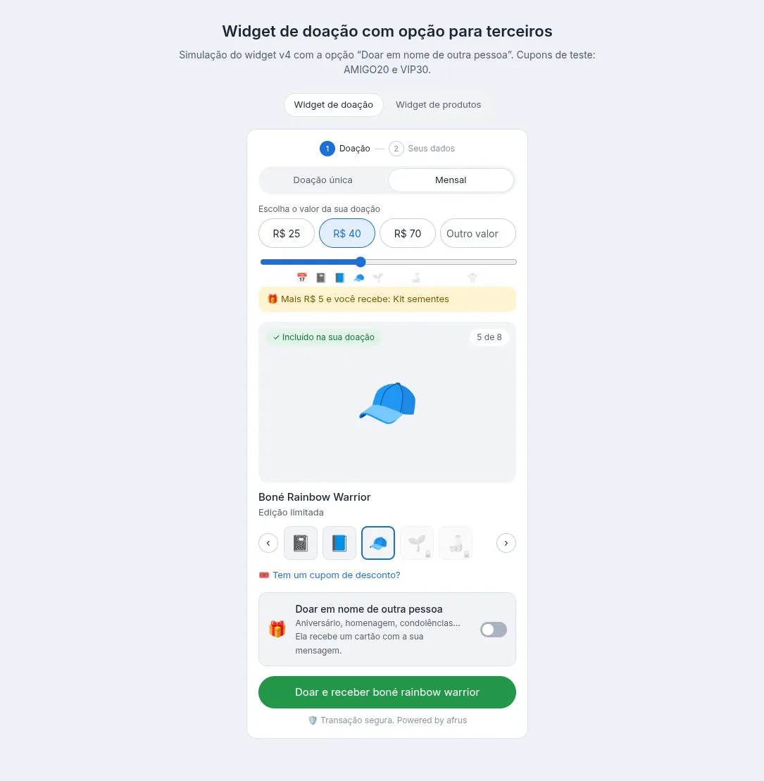 Widget de Transacción con montos, barra de regalos, regalo elegido, cupón y opción de donar en nombre de otra persona