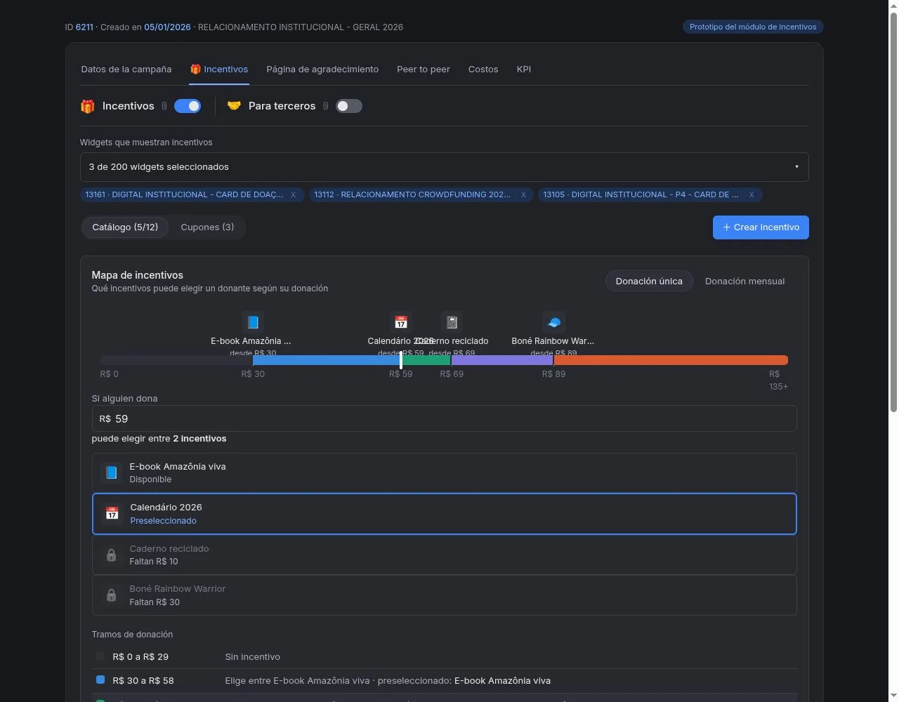 Mapa de incentivos con la barra de montos y la lista de regalos disponibles y bloqueados