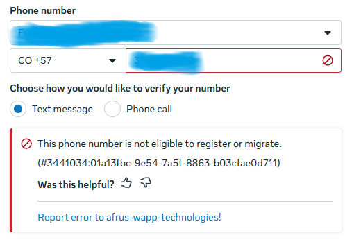 Error de Meta: This phone number is not eligible to register or migrate