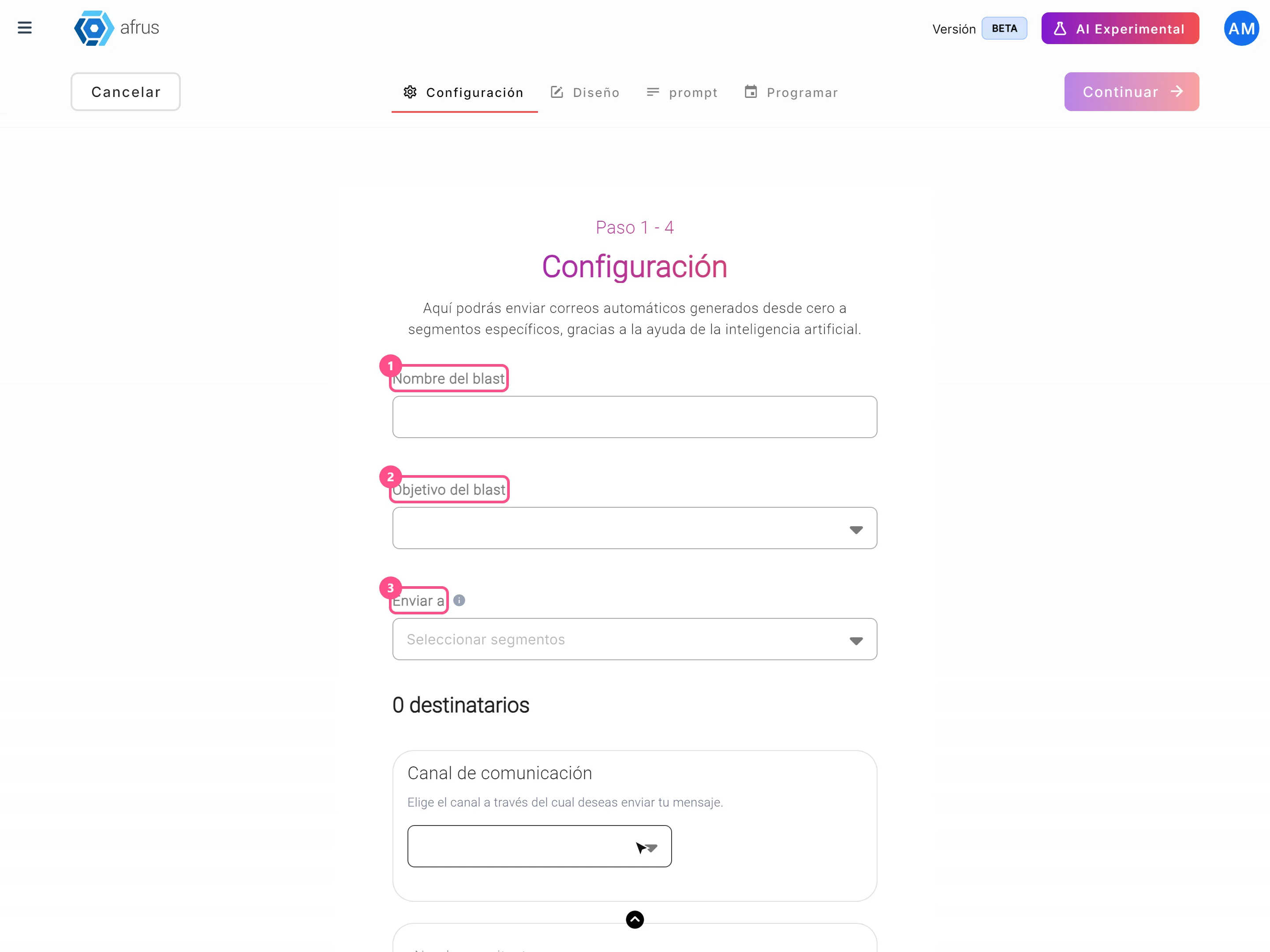ConfiguraciĂłn step with Nombre del blast, Objetivo del blast and Enviar a