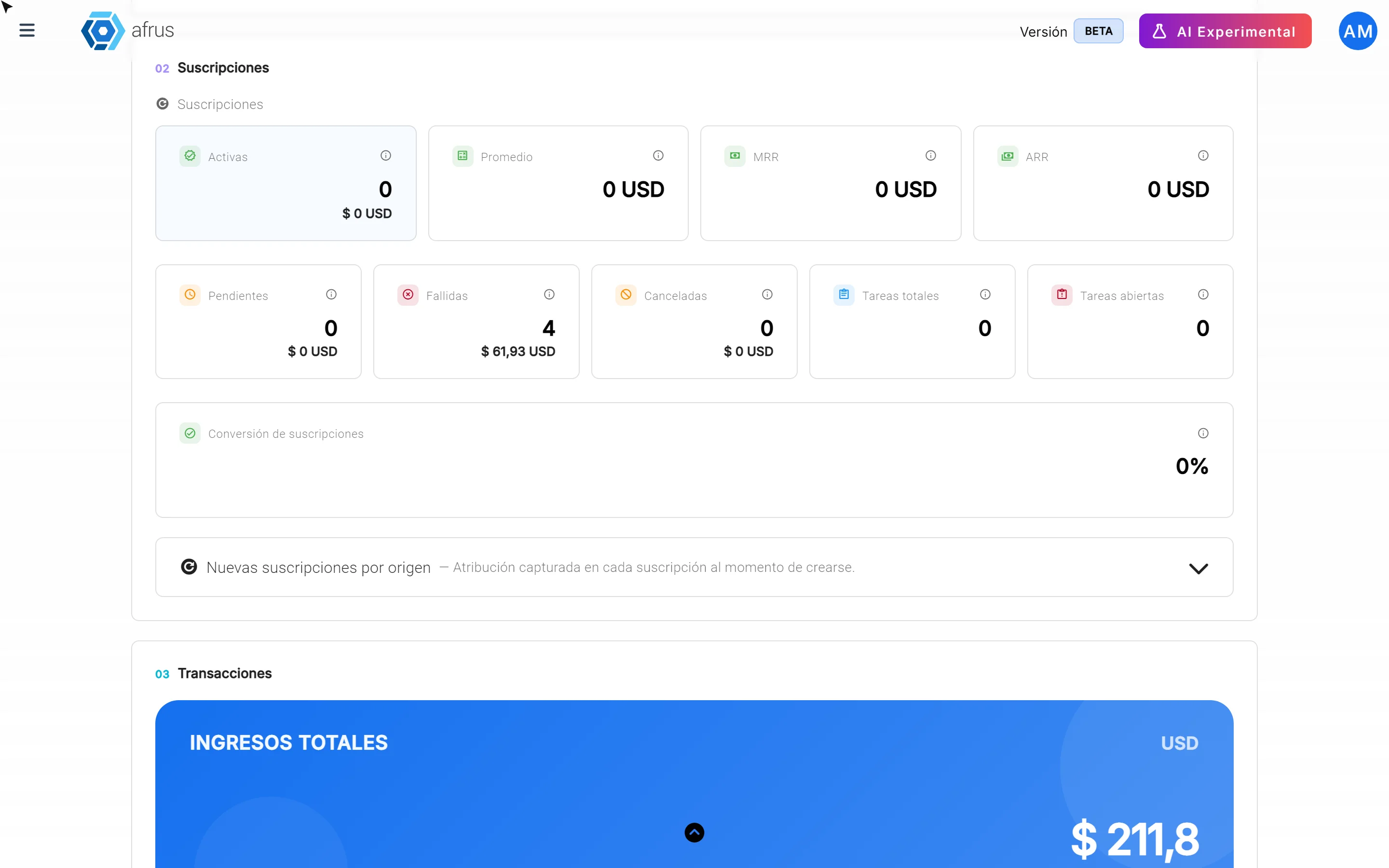 Suscripciones and Transacciones sections with their indicators