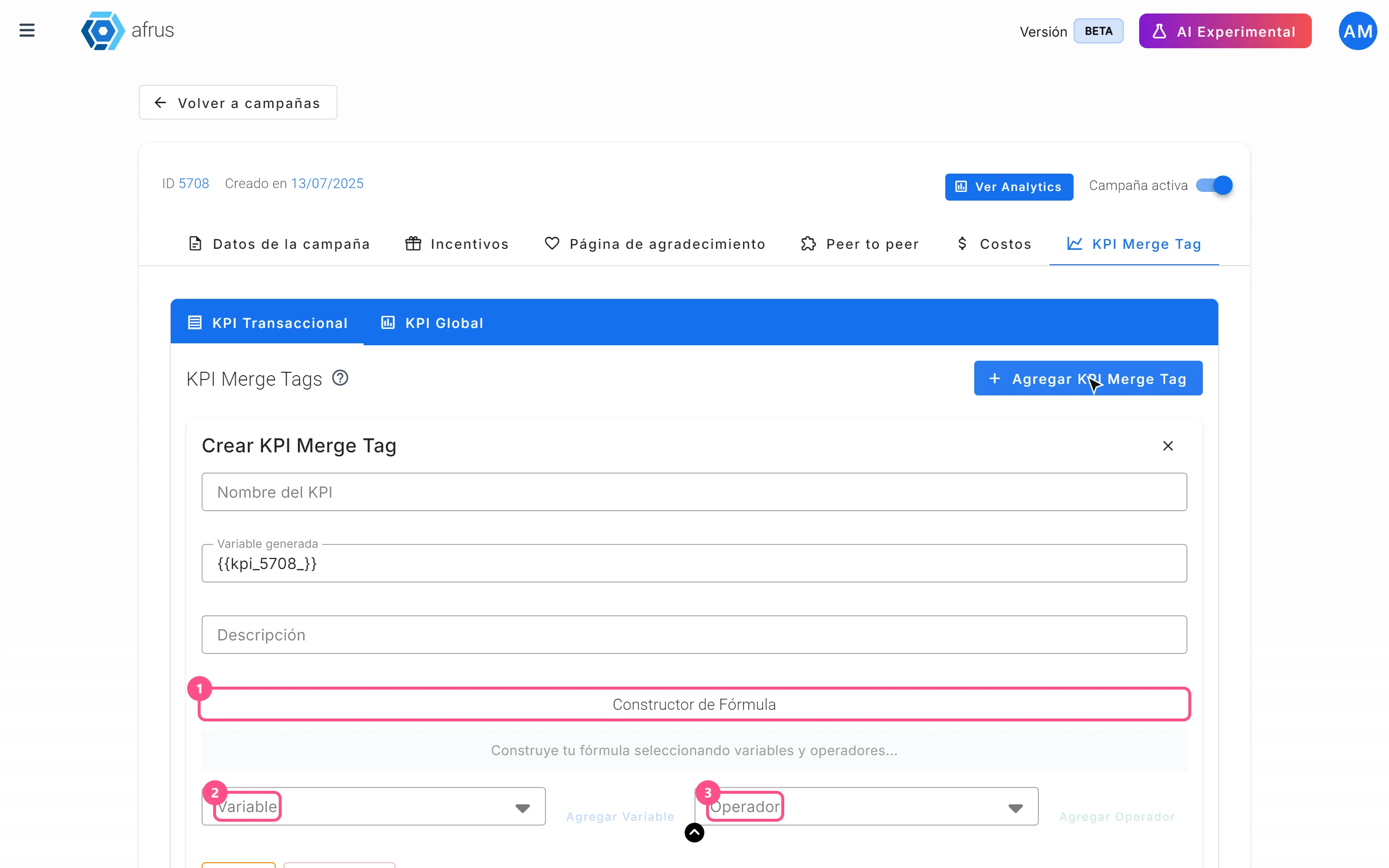 Crear KPI Merge Tag form with the formula builder