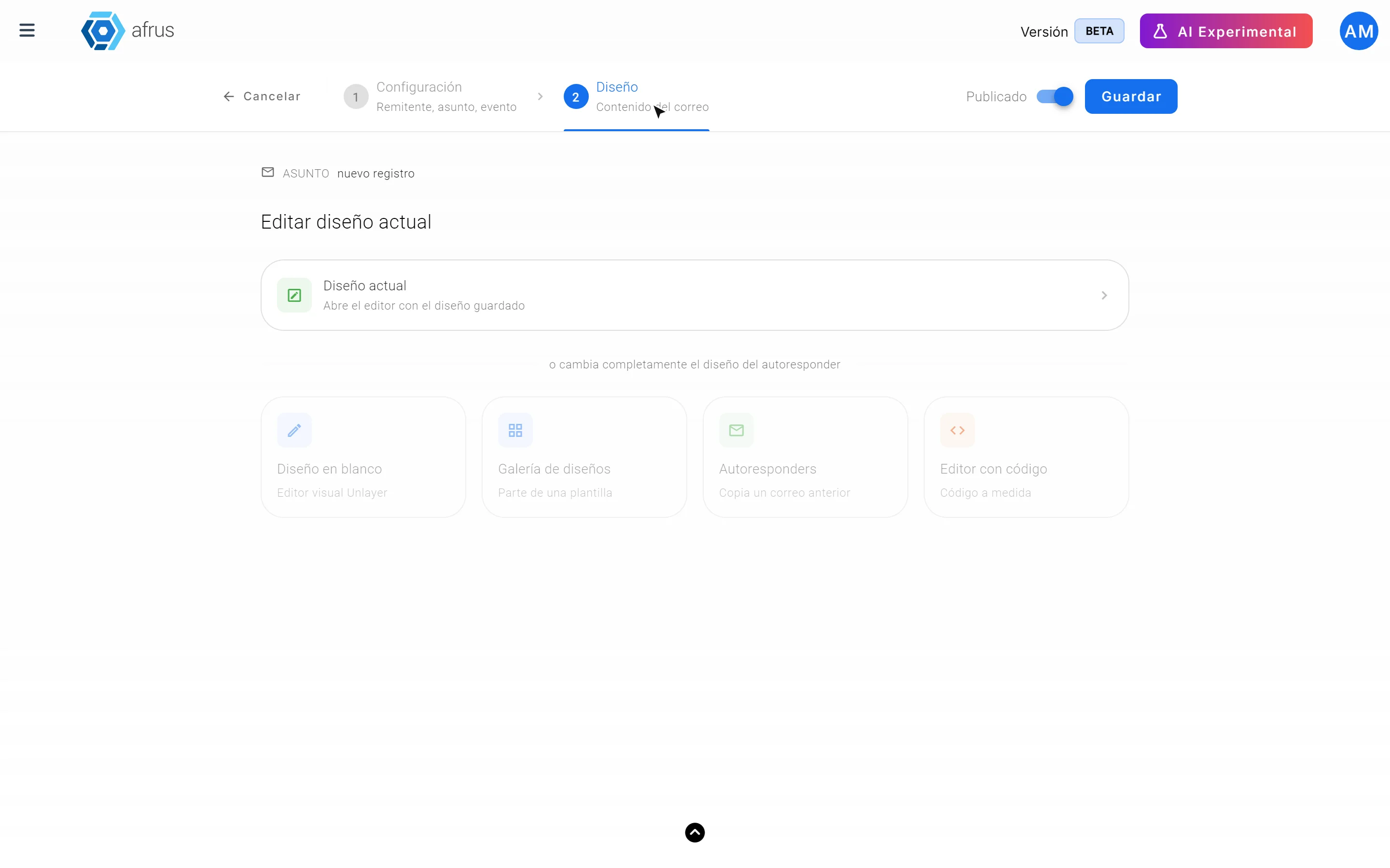 Diseño step with the Diseño en blanco, Galería de diseños, Autoresponders and Editor con código options