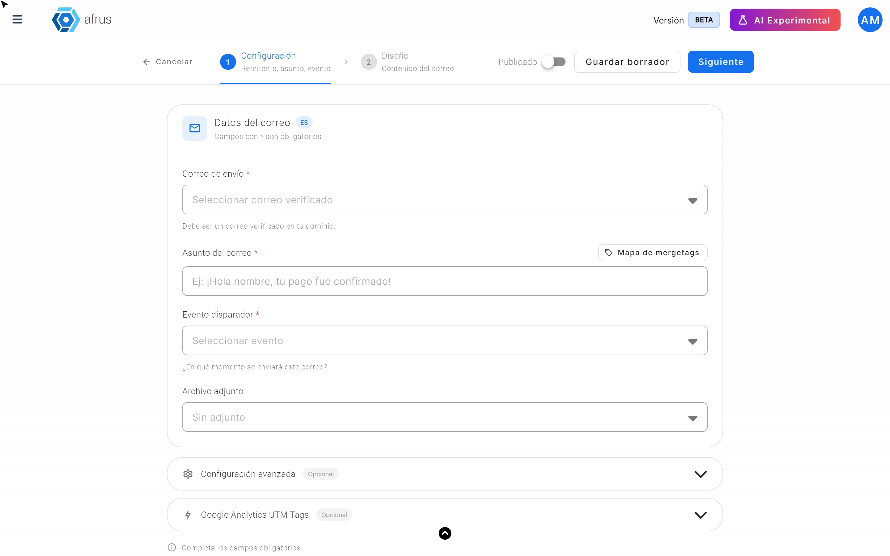 Autoresponder editor on the Configuración step with Correo de envío, Asunto del correo and Archivo adjunto