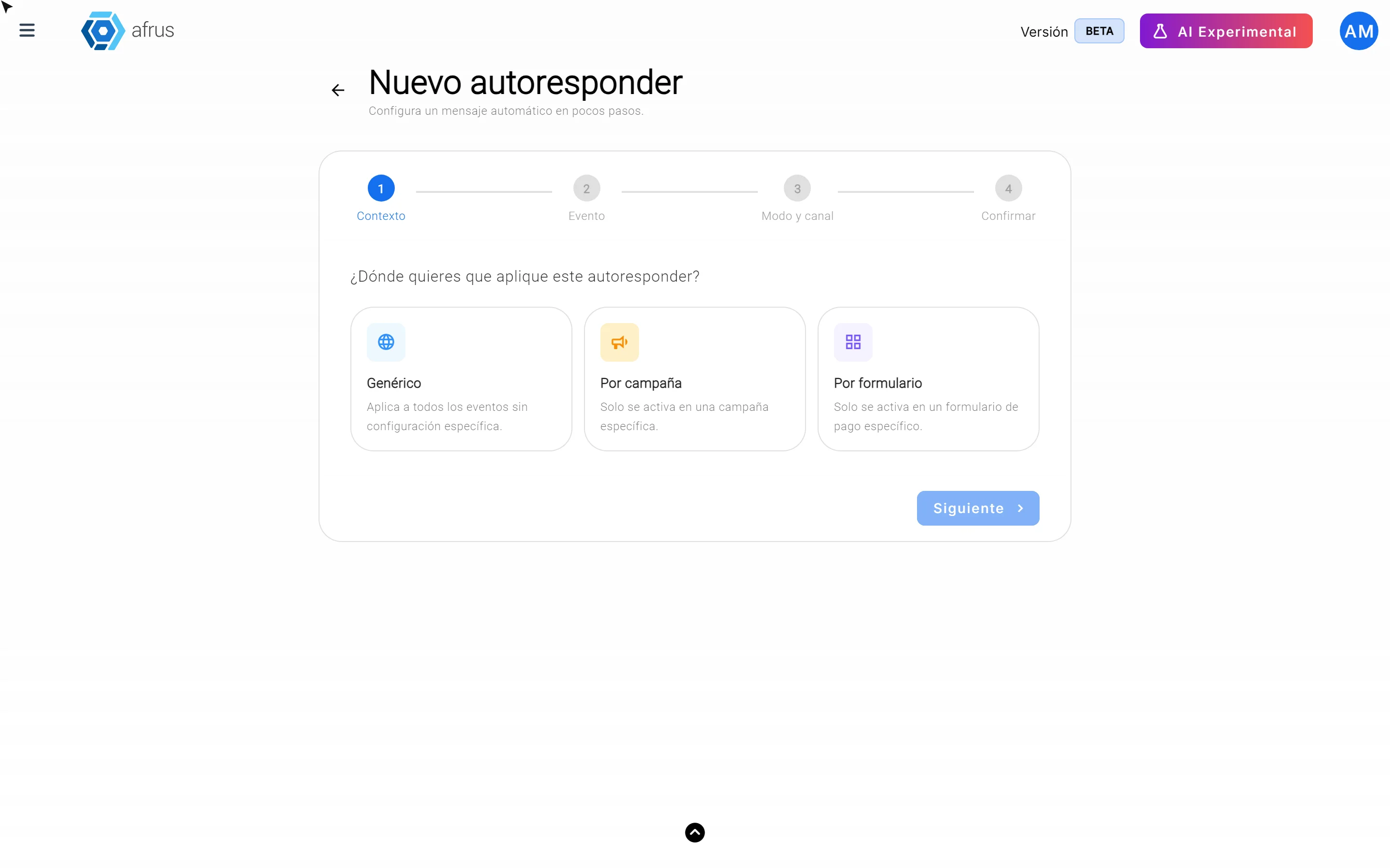 Nuevo autoresponder wizard on the Contexto step with the Genérico, Por campaña and Por formulario options