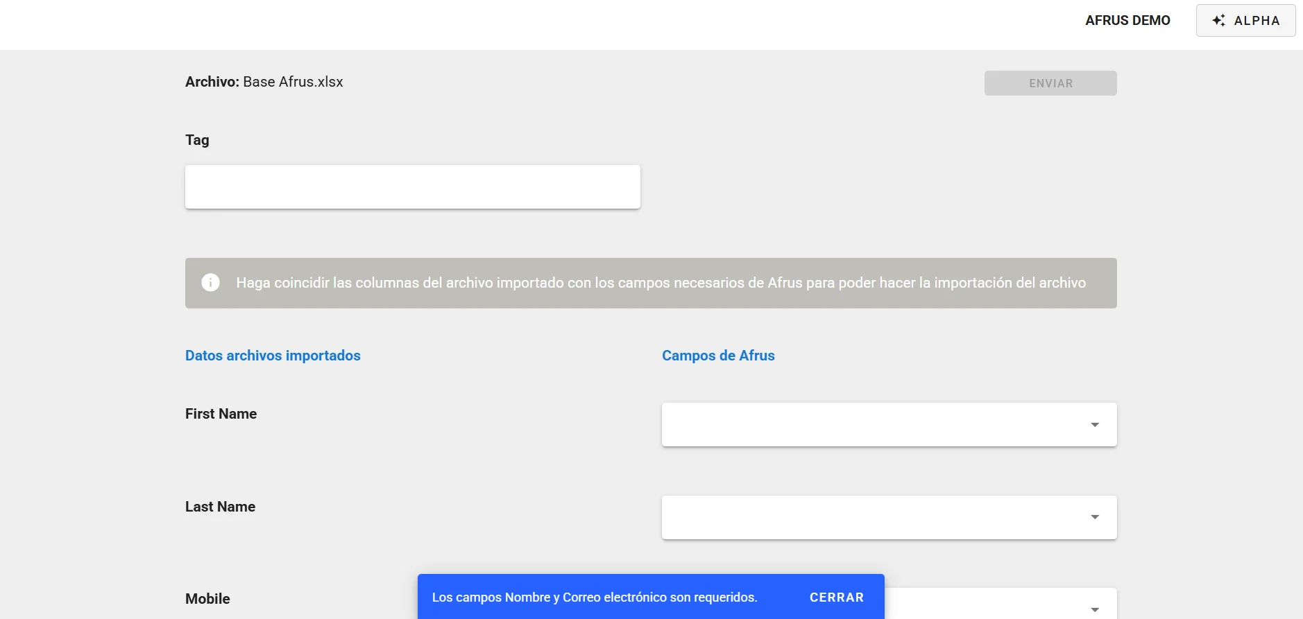 Pantalla para unir las columnas del archivo con los campos de AFRUS